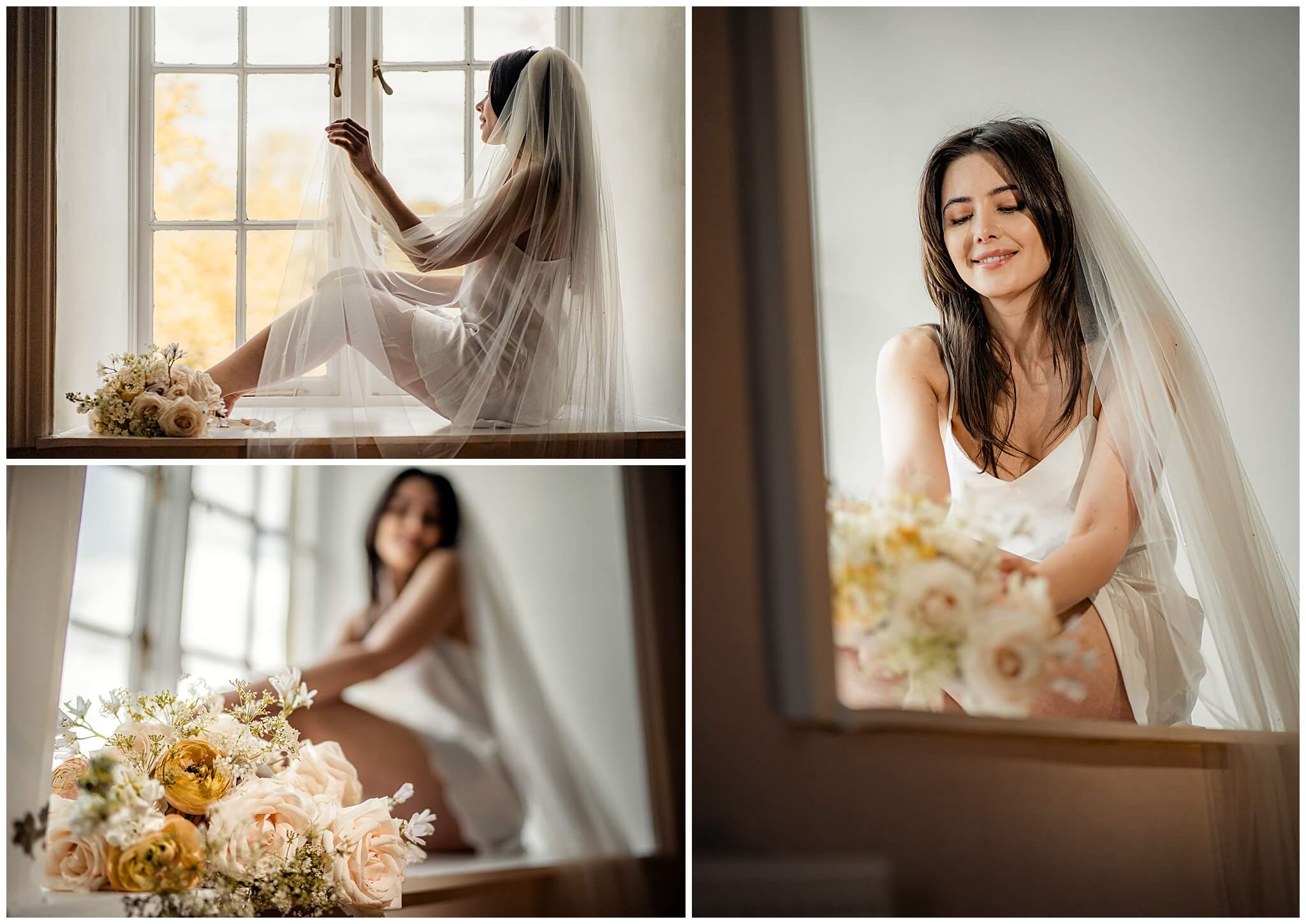 Bride wearing a delicate veil, sitting by a sunlit window with a bouquet at Hazlewood Castle, showcasing soft, romantic wedding photography.