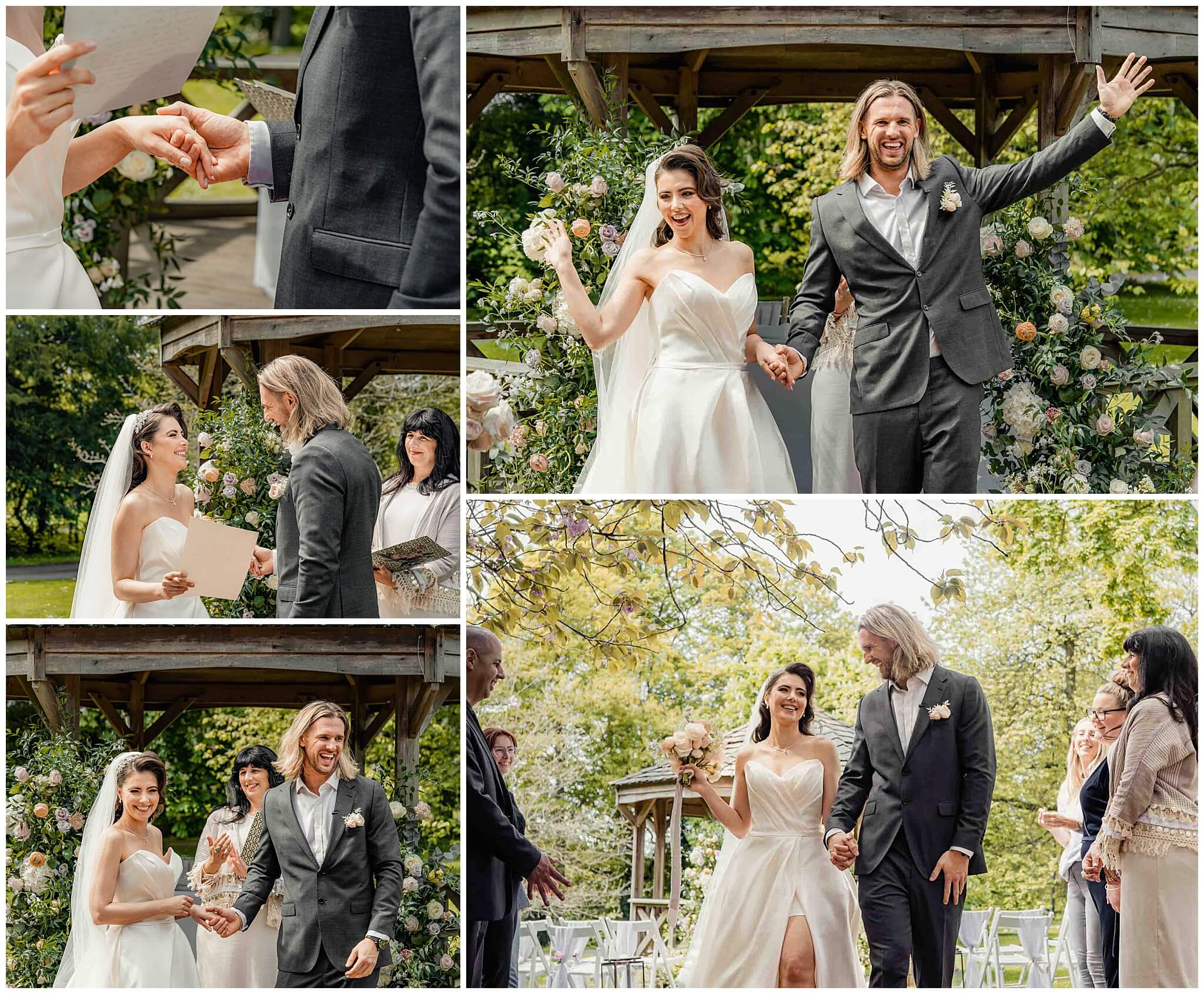 Bride and groom exchanging vows under Hazlewood Castle’s garden gazebo, surrounded by fresh florals and lush greenery.