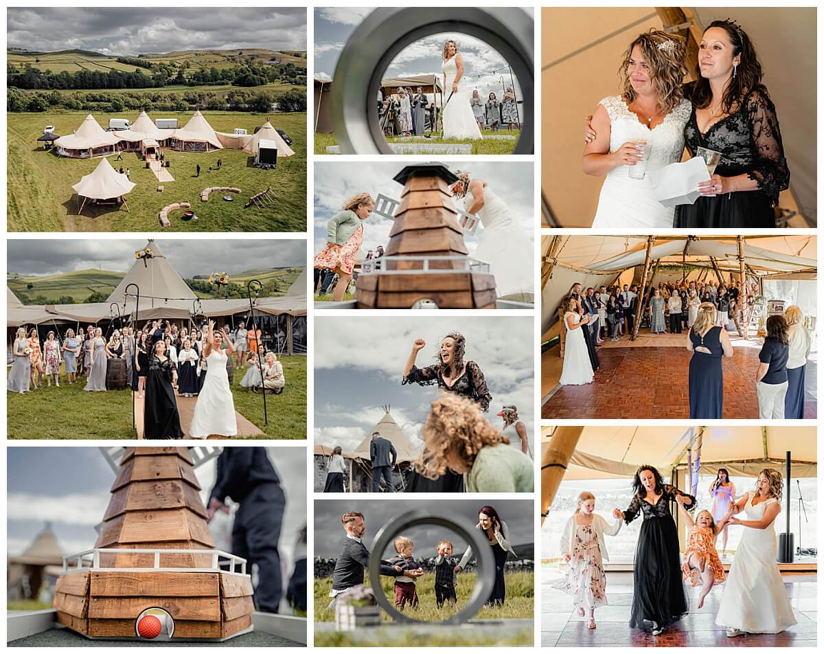 A collage of a joyful wedding reception, featuring an outdoor tented venue, guests enjoying games, dancing, speeches, and the bouquet toss in a stunning countryside setting– How to Plan Your Wedding Day.
