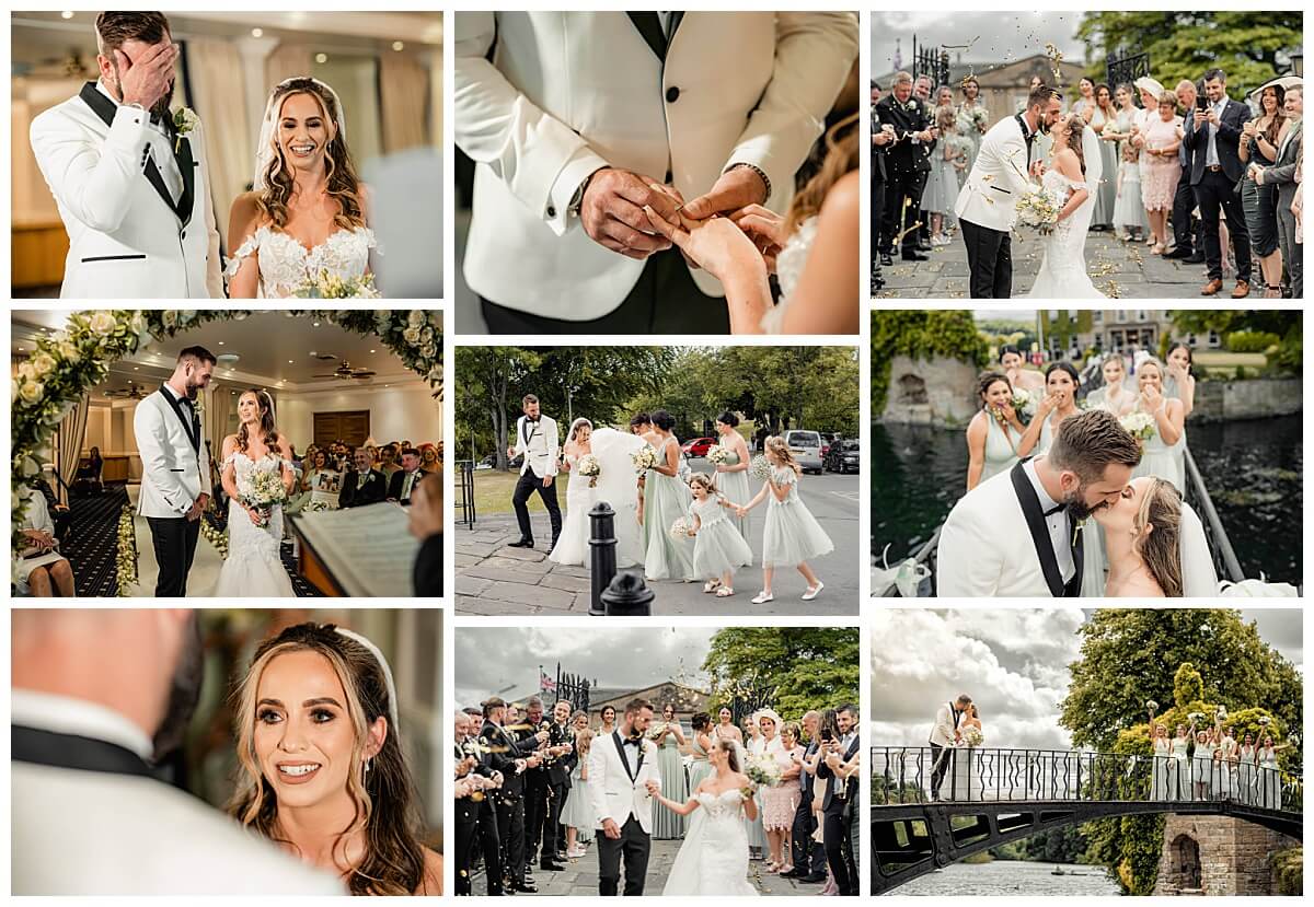A collage of a heartfelt wedding ceremony, featuring emotional vows, exchanging rings, a joyful bridal party, and a grand celebration exit with family and friends– How to Plan Your Wedding Day.
