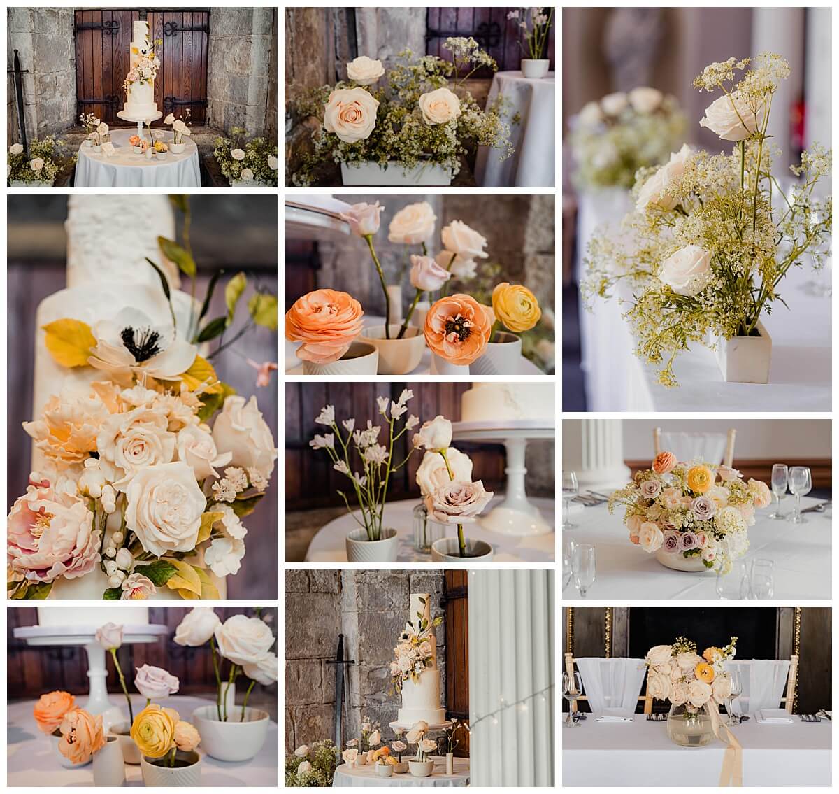 A collage of elegant wedding floral arrangements, romantic pastel bouquets, and a beautifully decorated wedding cake, showcasing dream wedding theme inspirations-– How to Plan Your Wedding Day.