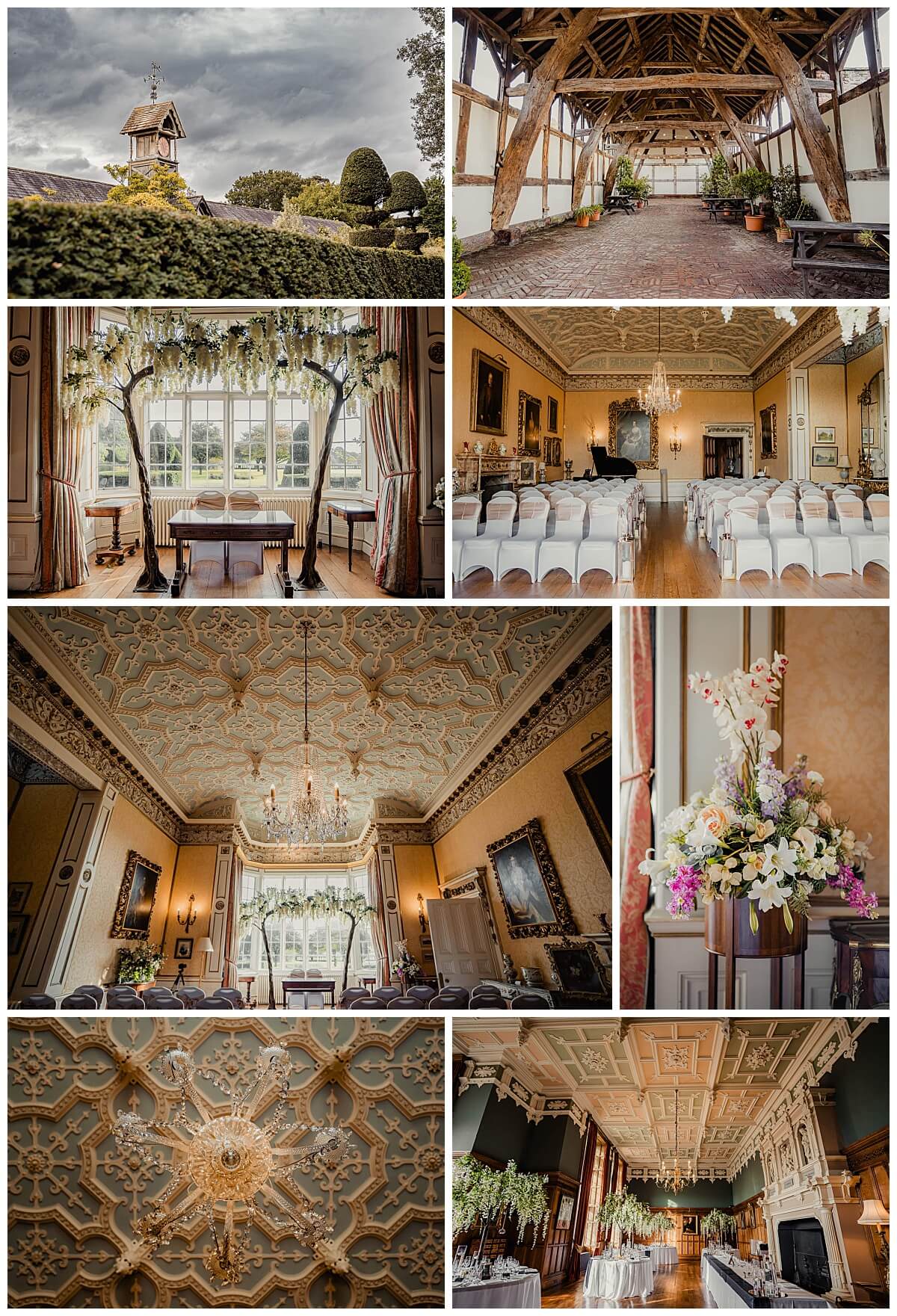 A collage of stunning wedding venues, including grand ballrooms, historic estates, elegant gardens, and beautifully decorated ceremony spaces, ideal for planning a dream wedding.
