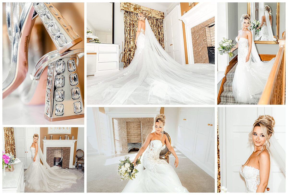 A collage of a bride in a stunning wedding gown, featuring intricate lace details, a flowing train, and sparkling accessories, capturing the elegance of choosing the perfect dress– How to Plan Your Wedding Day.