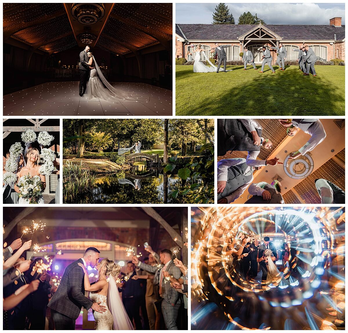 A collage of wedding moments, including a couple’s first dance, fun bridal party shots, romantic outdoor portraits, and a magical sparkler exit, highlighting the importance of expert wedding vendors– How to Plan Your Wedding Day.