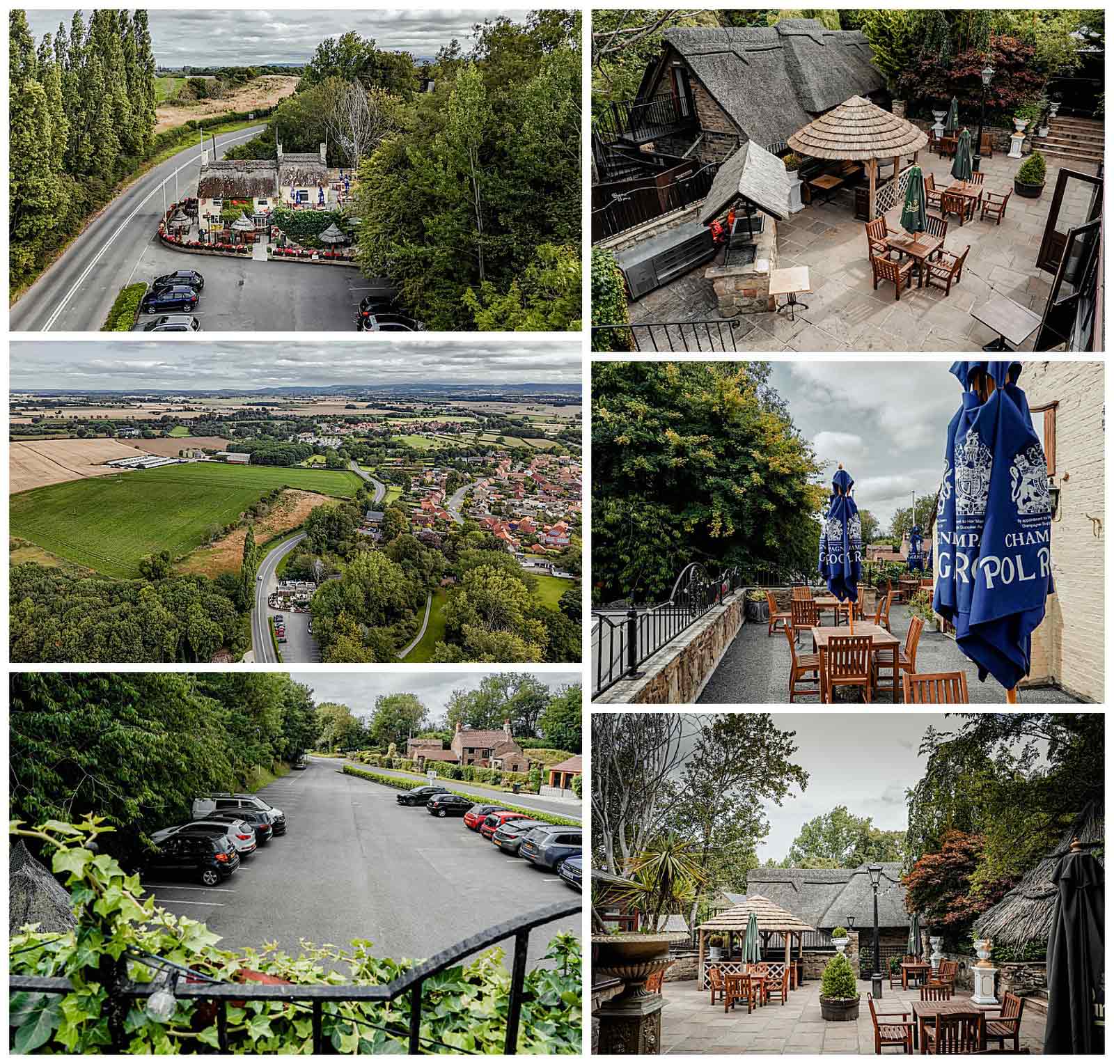 Collage of outdoor terraces, aerial countryside views, car park, and entrance at Crab & Lobster Hotel & Restaurant in Asenby, North Yorkshire.
