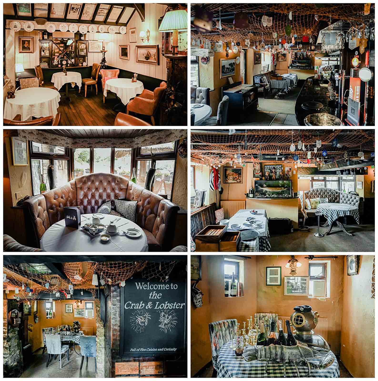 Collage of Crab & Lobster Restaurant interiors in Asenby, North Yorkshire, featuring nautical-themed décor, leather seating, private dining areas, and maritime memorabilia.