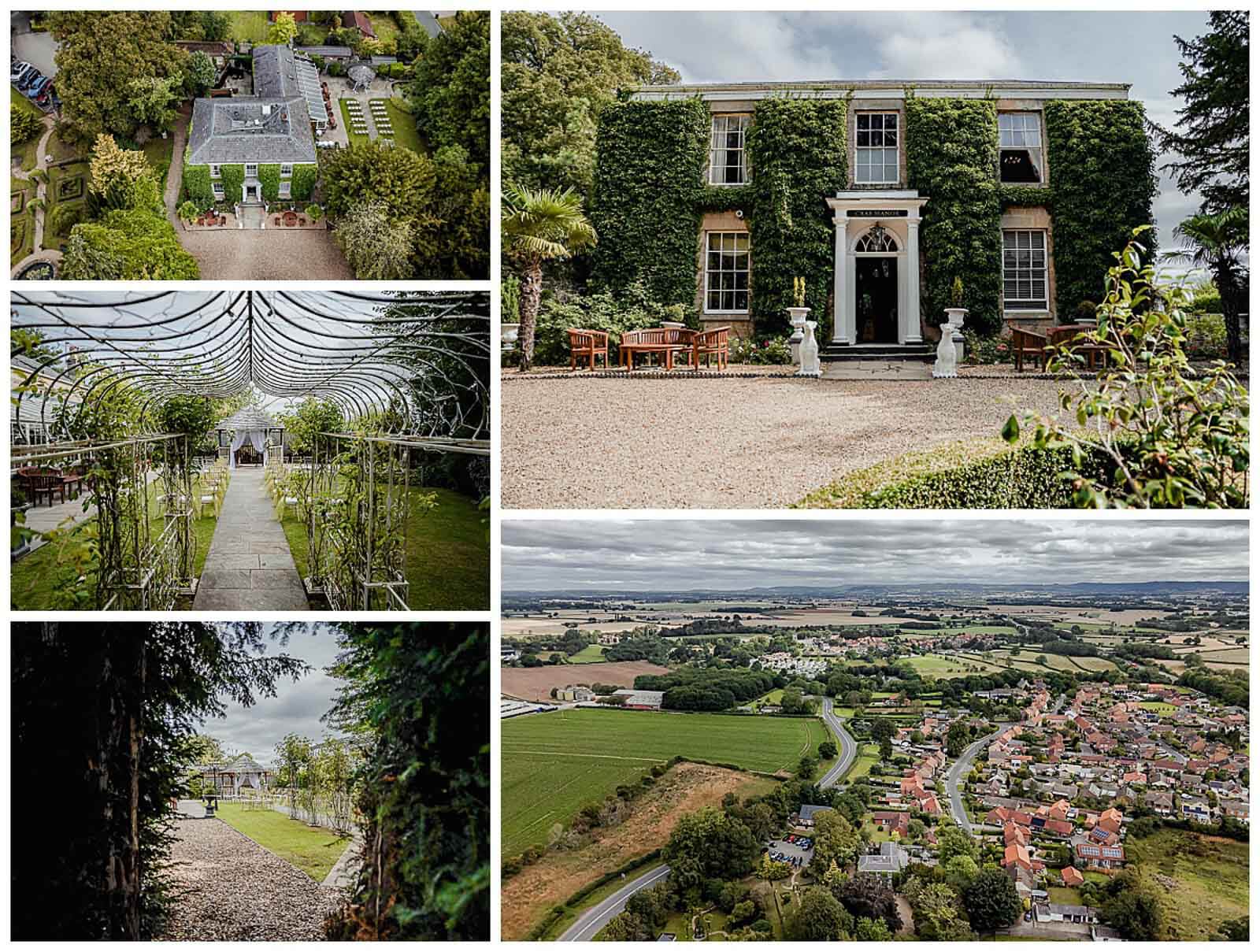 Collage of Crab Manor House at Crab & Lobster Hotel & Restaurant in North Yorkshire, featuring ivy-covered façade, garden ceremony walkway, and aerial view of surrounding village.