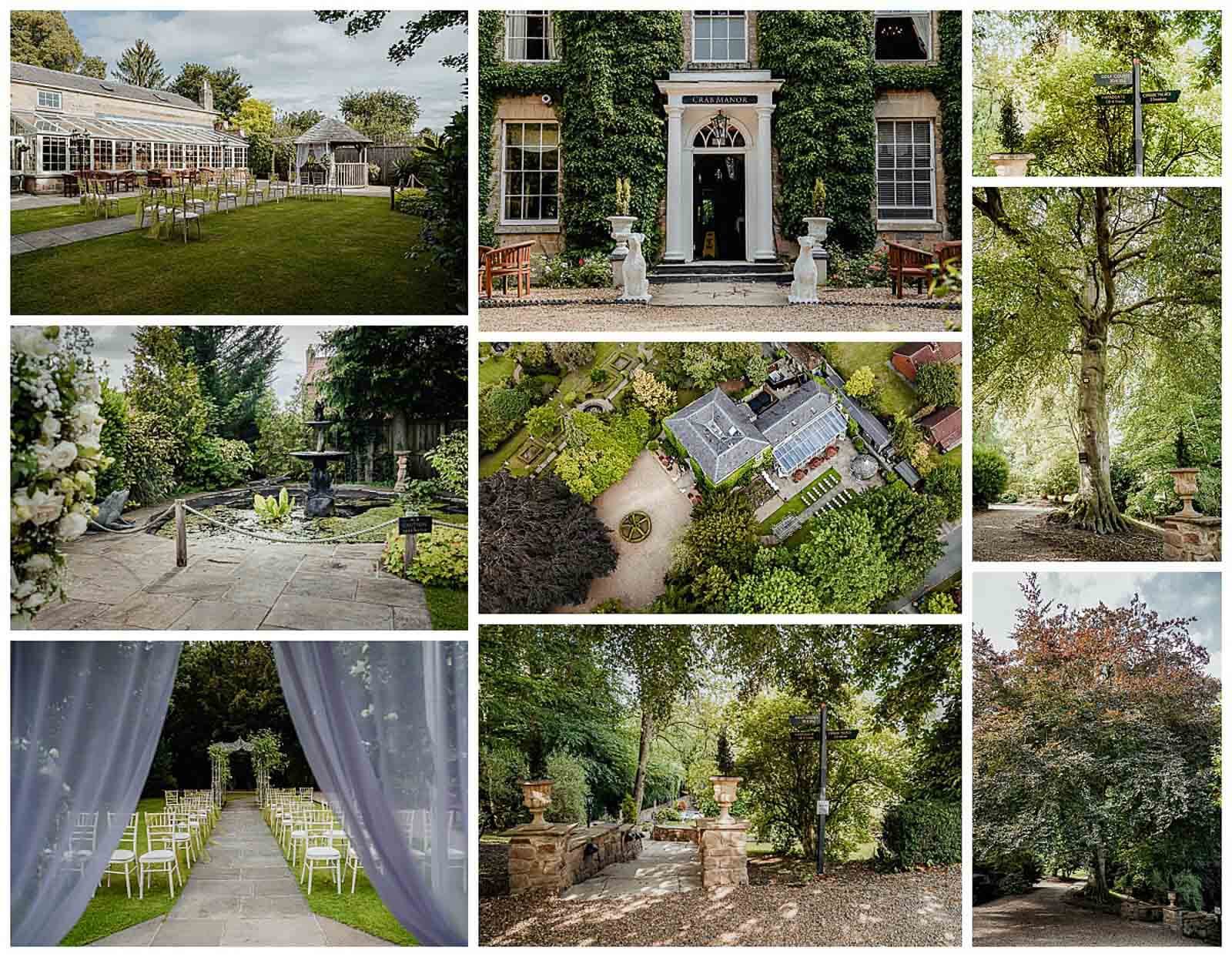 Collage of Crab Manor Hotel and gardens at Crab & Lobster Hotel & Restaurant in Asenby, North Yorkshire, featuring ceremony setup, fountain, tree-lined paths, and aerial views.