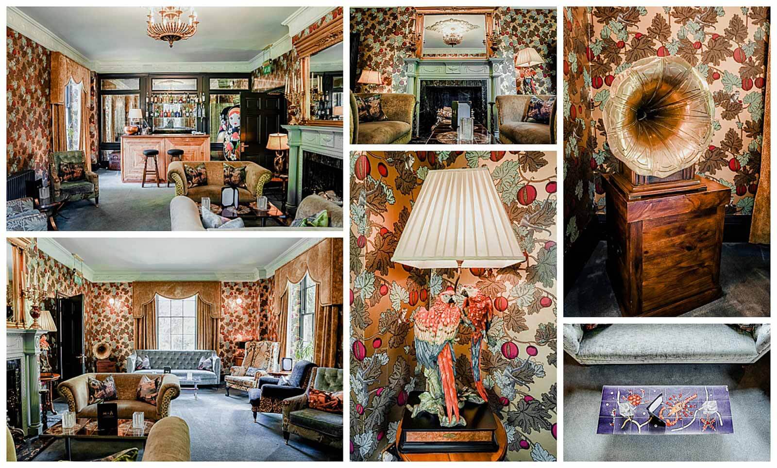 Collage of Crab Manor Lounge at Crab & Lobster Hotel & Restaurant in North Yorkshire, featuring vintage furniture, floral wallpaper, gramophone, and decorative lighting.