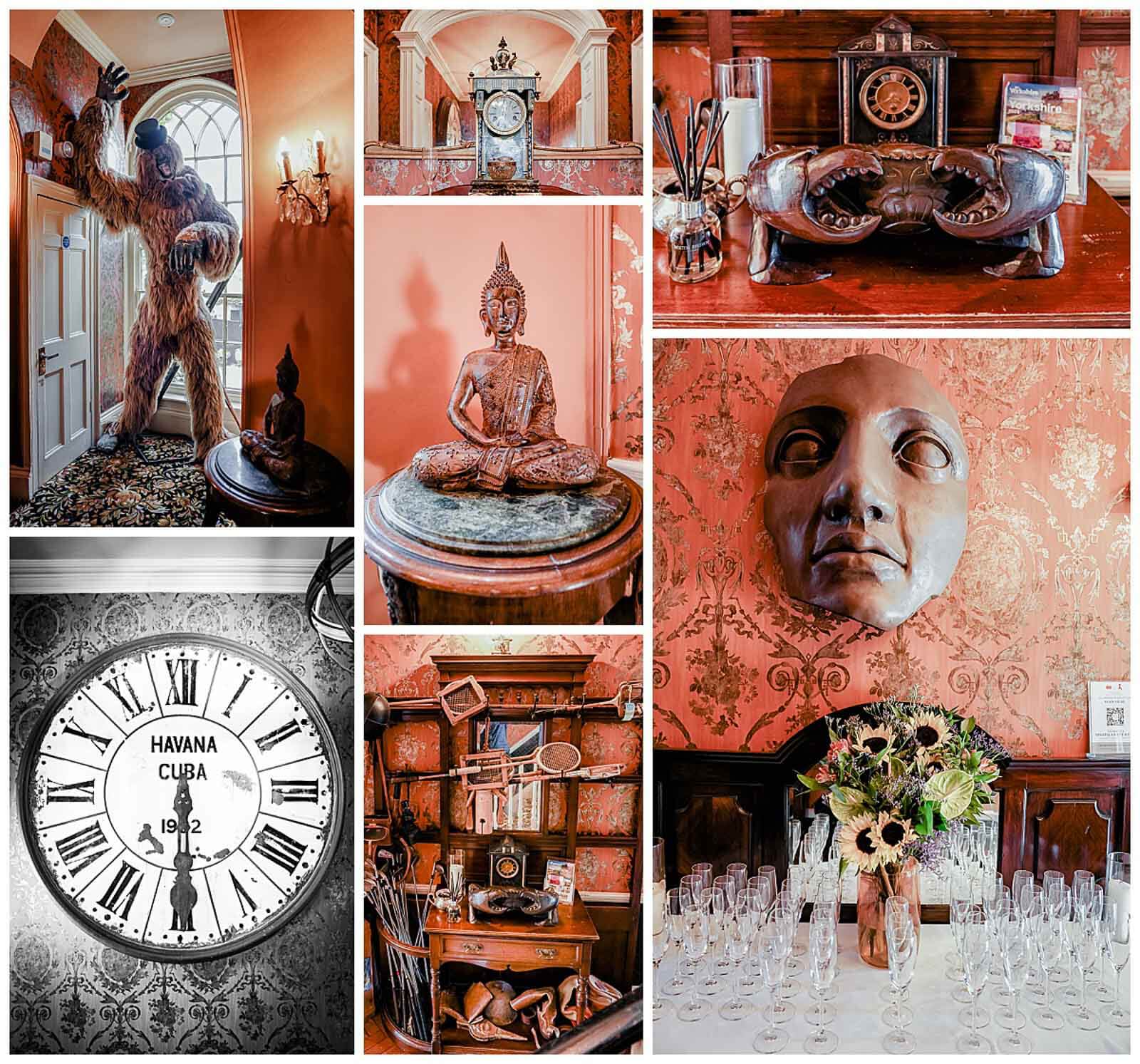 Collage of unique décor at Crab & Lobster Hotel & Restaurant in North Yorkshire, including a large gorilla statue, Buddha sculpture, vintage clocks, crab-shaped ornament, and champagne display.