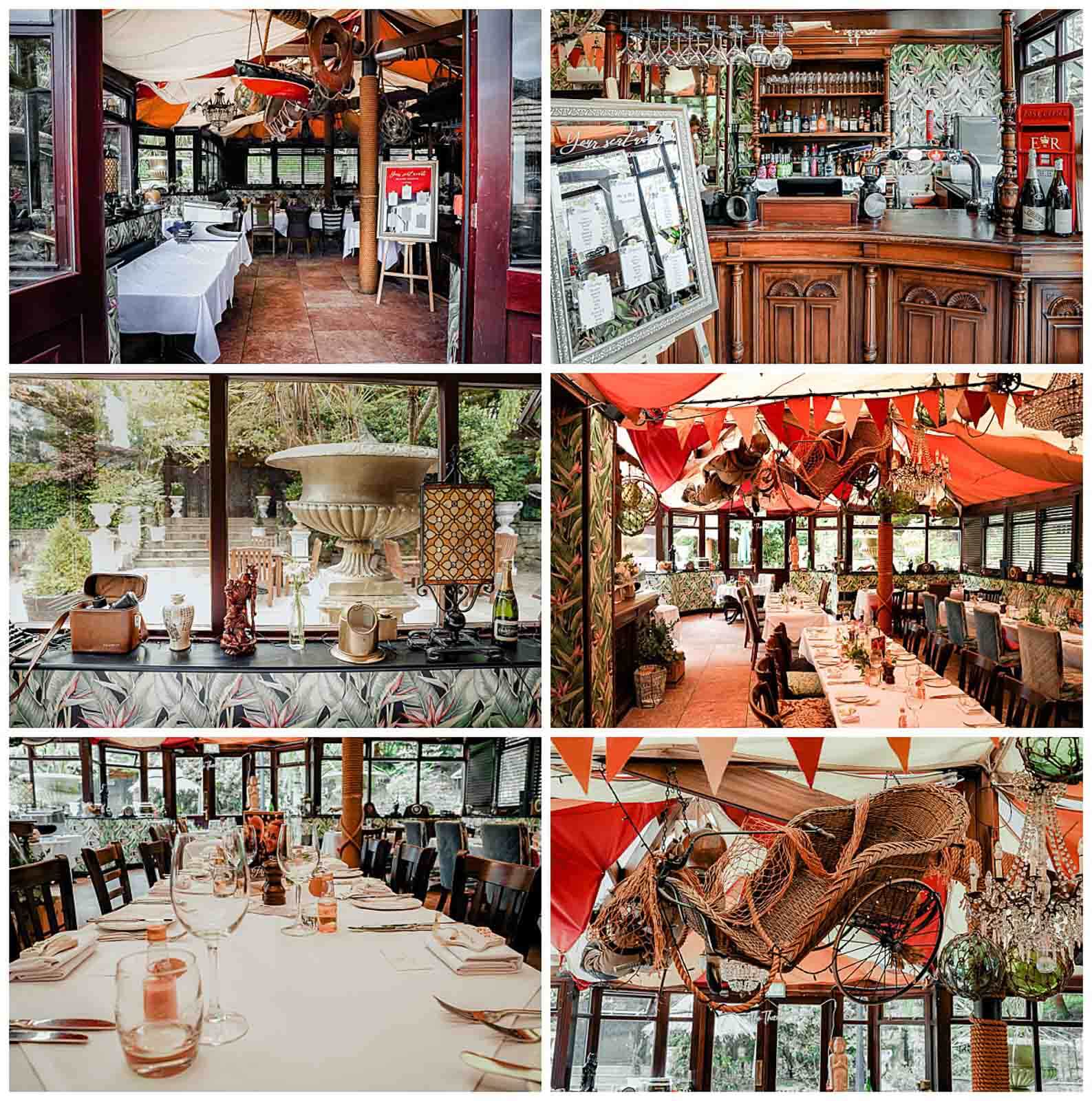 Collage of the conservatory dining area at Crab & Lobster Hotel & Restaurant in North Yorkshire, featuring banquet tables, nautical décor, and views of the outdoor terrace.