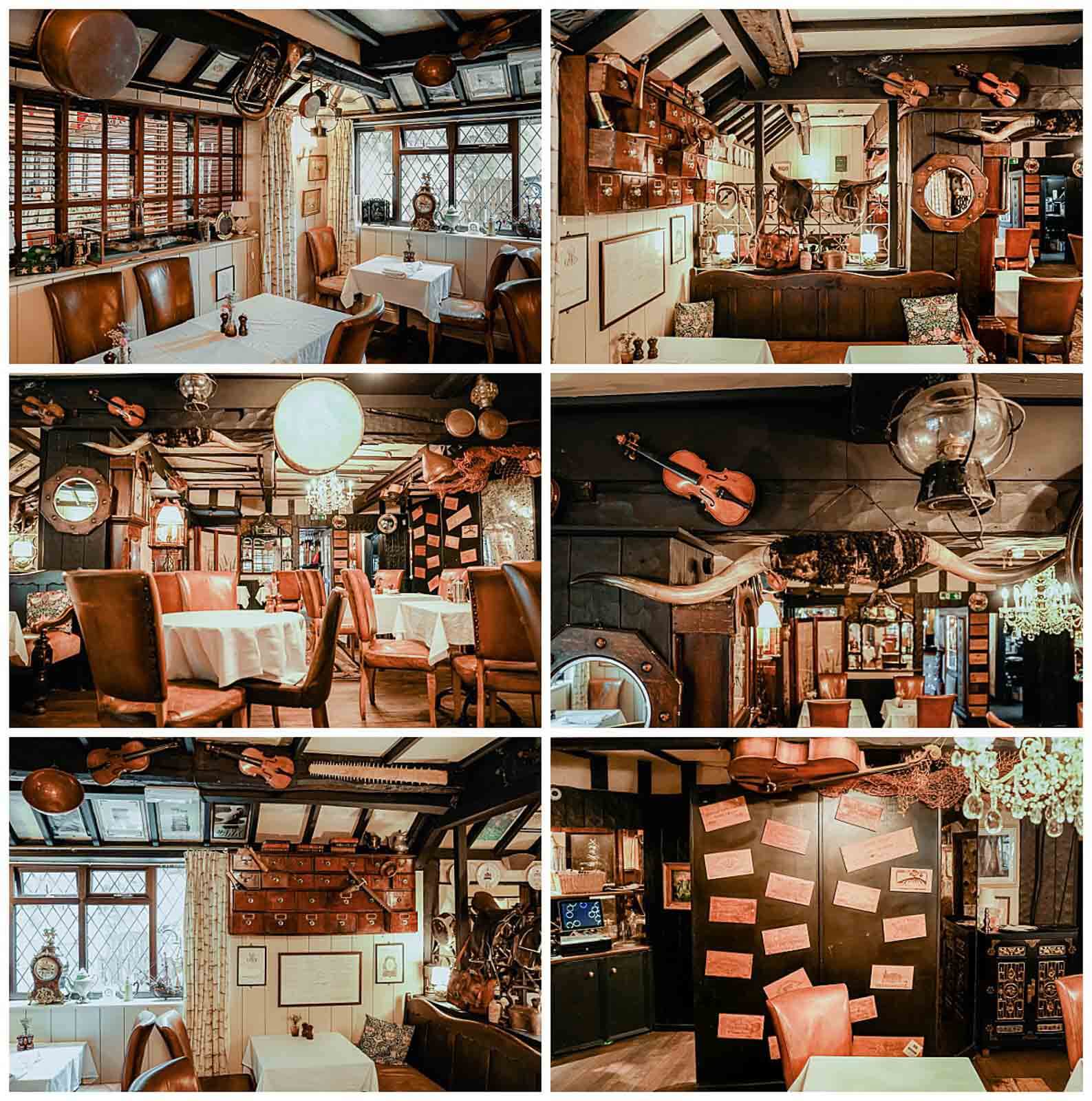 Collage of vintage-style dining room at Crab & Lobster Hotel & Restaurant in North Yorkshire, featuring leather seating, nautical and musical décor, and intimate wedding reception tables.