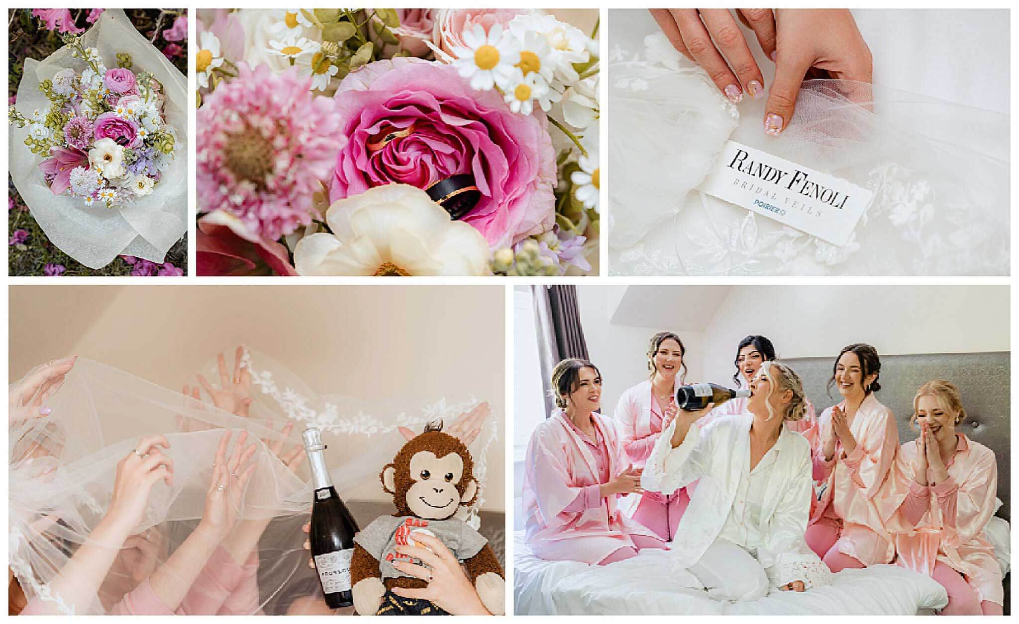 Pink and white bridal bouquet with veil and wedding rings.