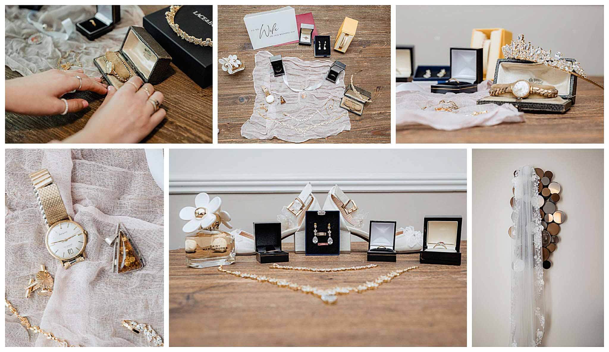 Wedding jewellery flat lay with gold watch, rings, necklaces, perfume, and bridal veil.