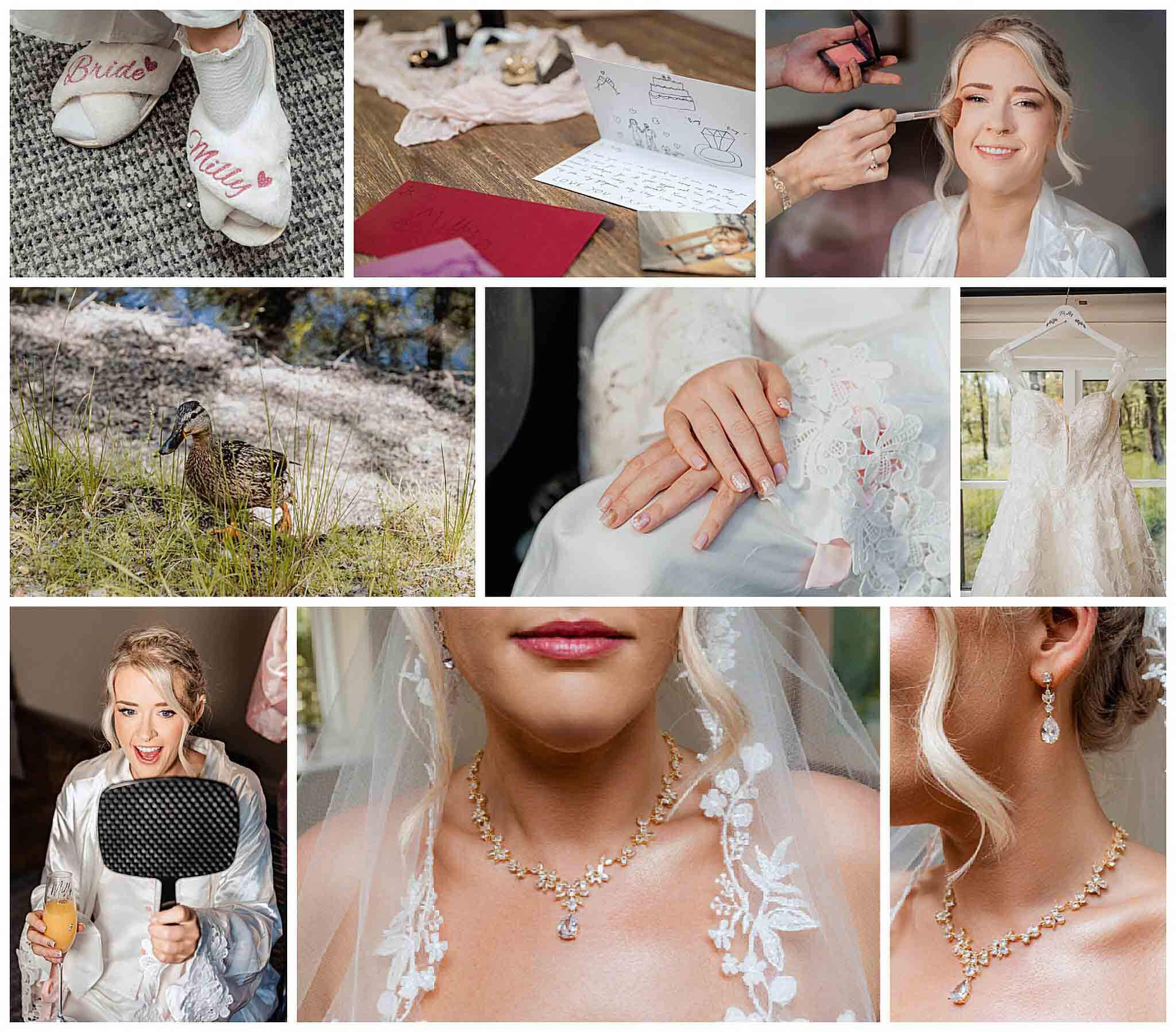 Bride’s morning preparation with wedding dress, jewellery, and makeup application.