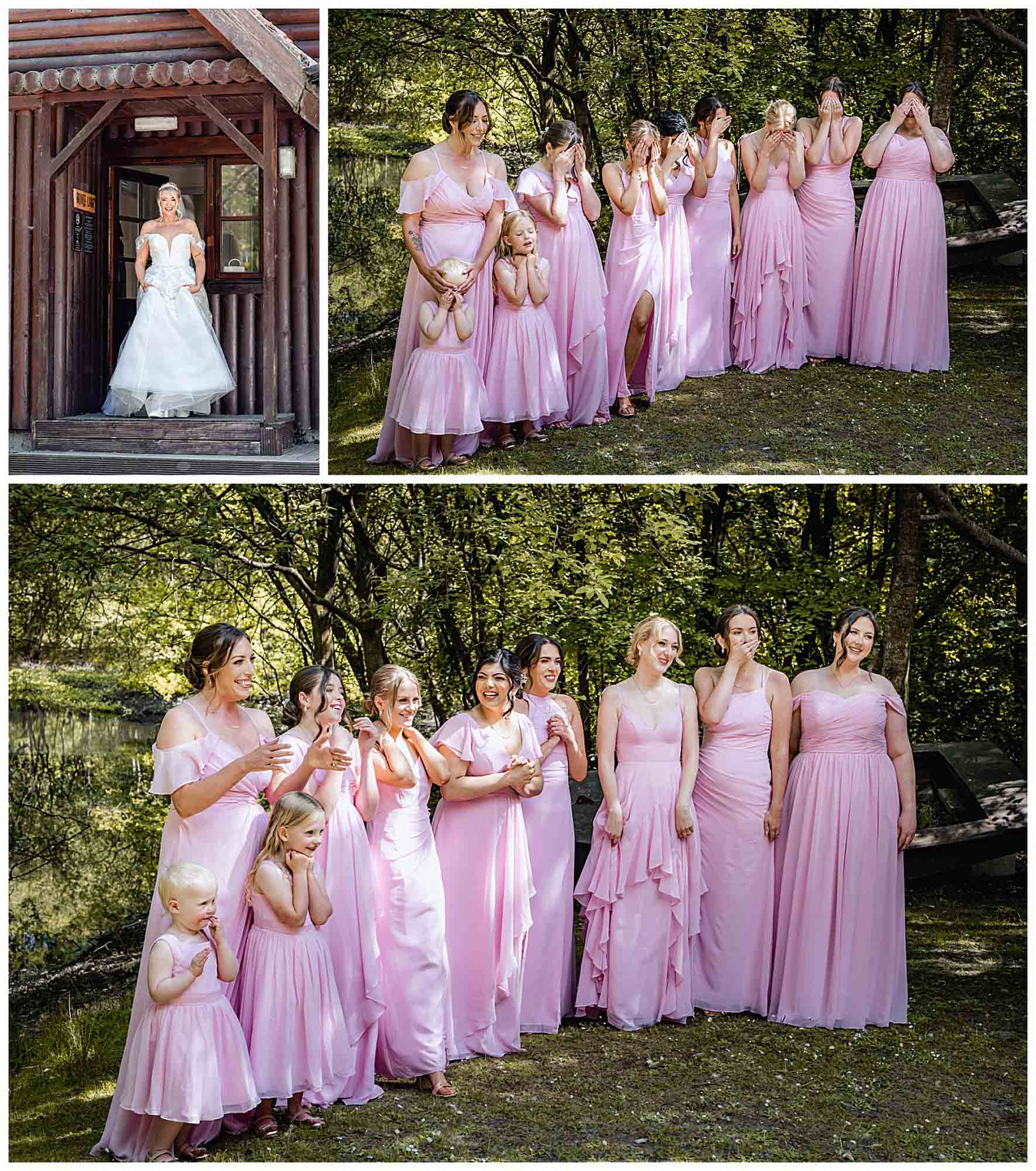 Bridesmaids reacting emotionally to seeing the bride for the first time.