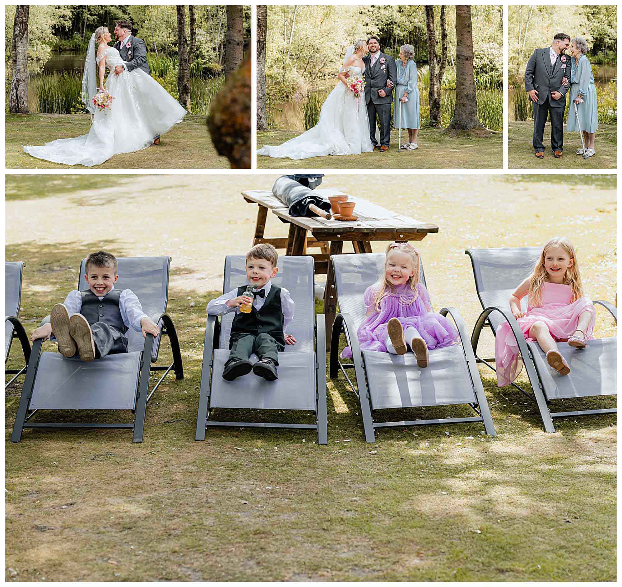 Children lounging on chairs during outdoor wedding at Chevin Country Park Hotel.