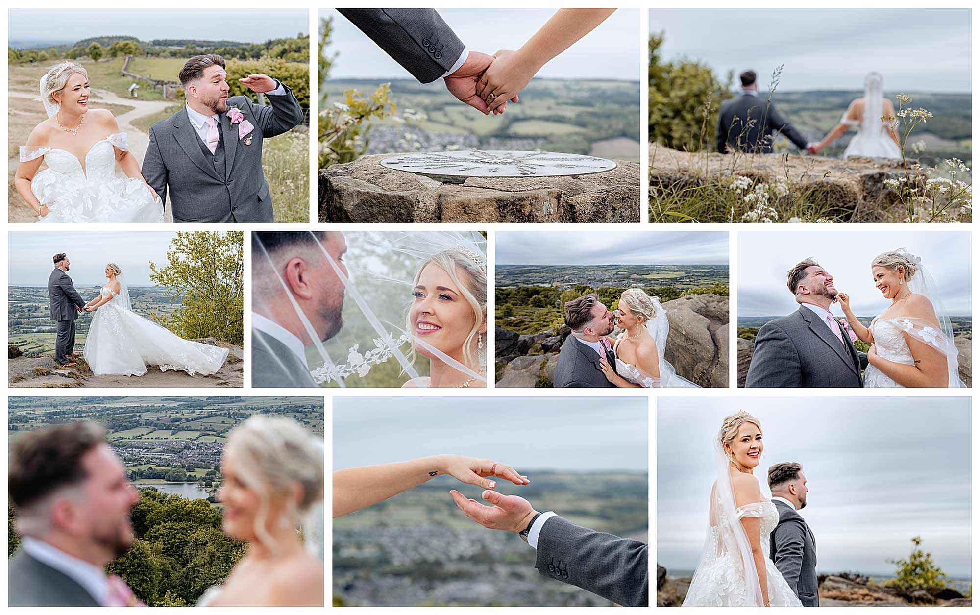 Bride and groom at Surprise View near Chevin Country Park Hotel.