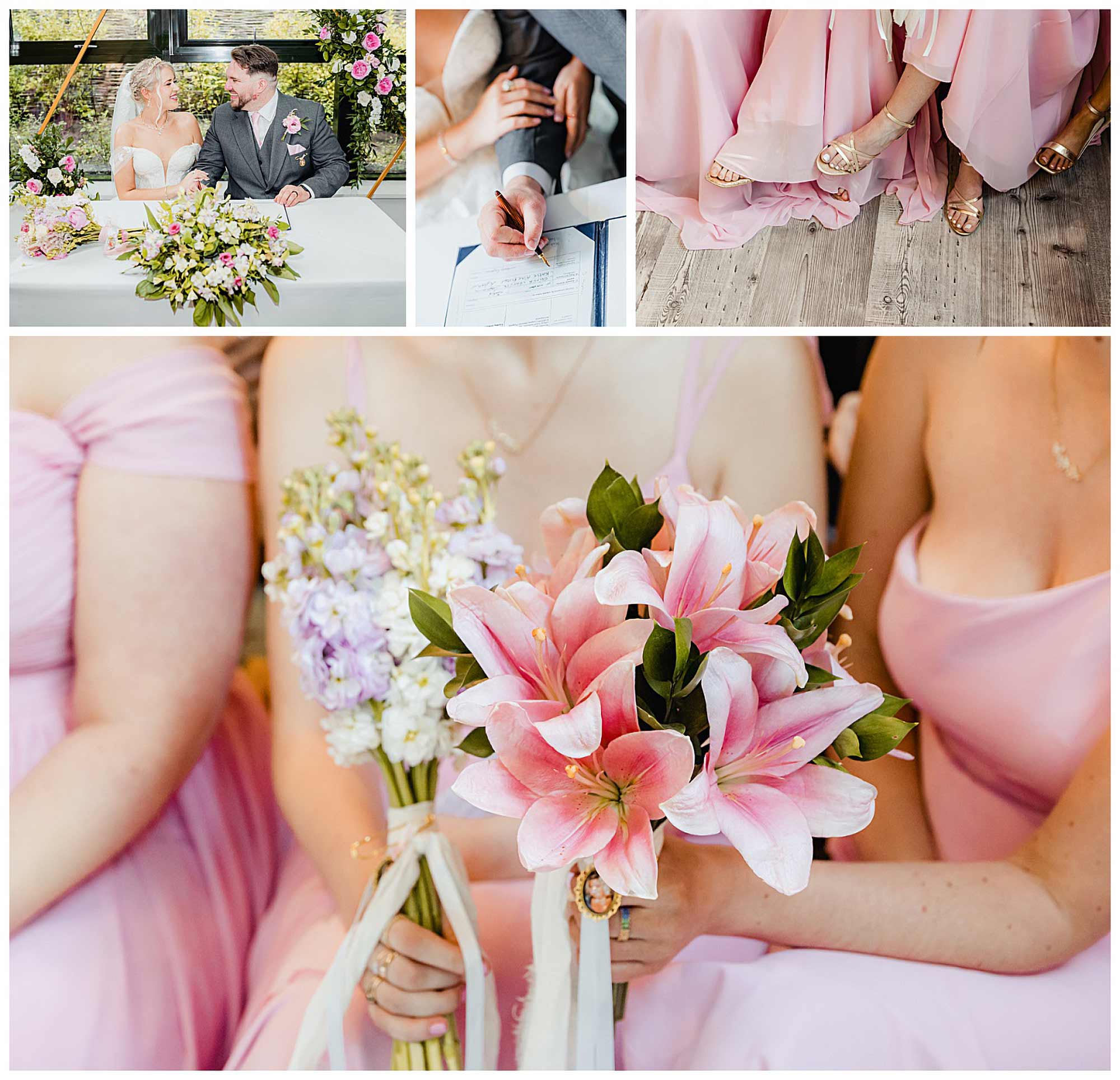 Pink bouquets and wedding register signing at Chevin Country Park Hotel & Spa.