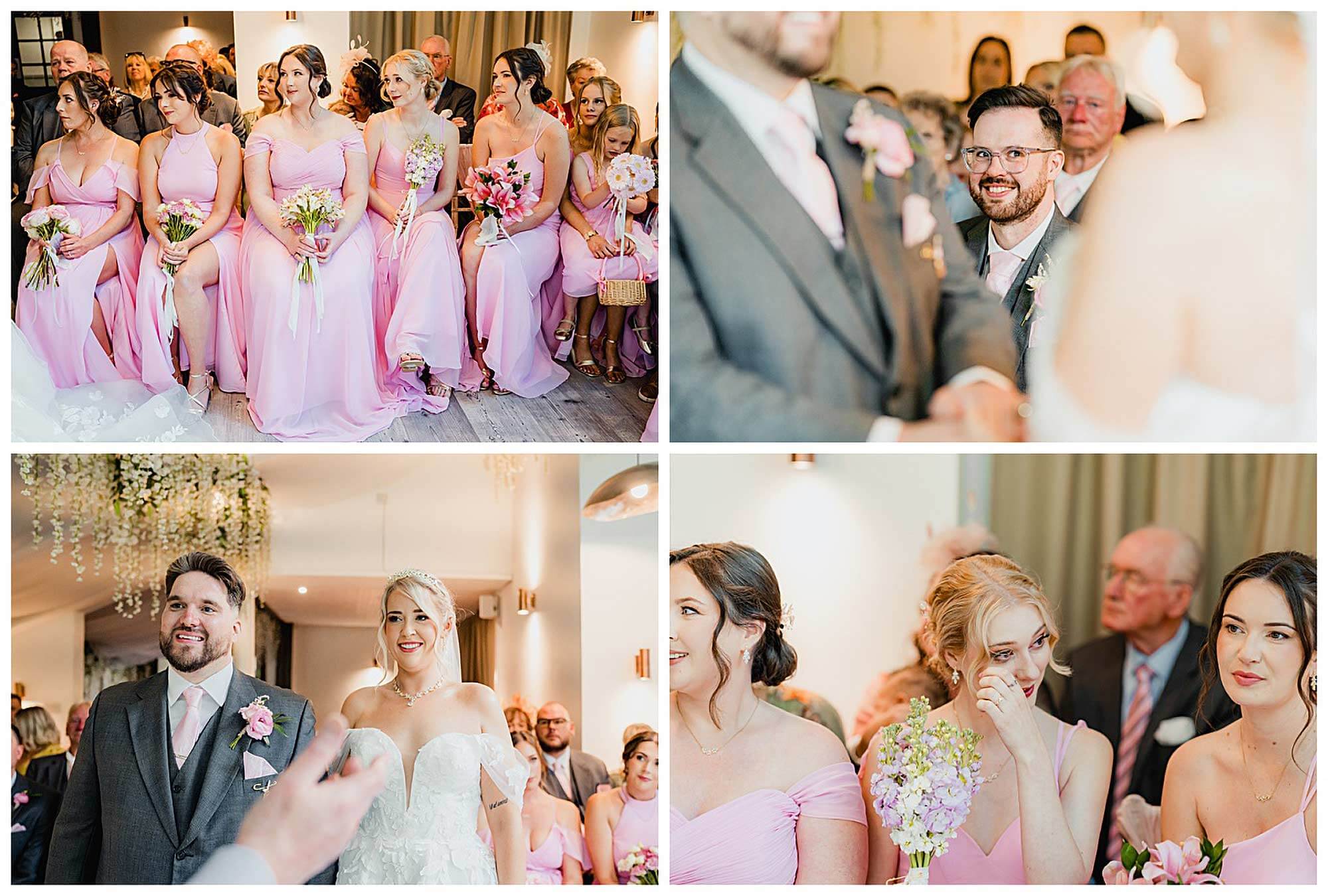Bridesmaids in pink and emotional guests at Chevin Country Park Hotel & Spa wedding ceremony.