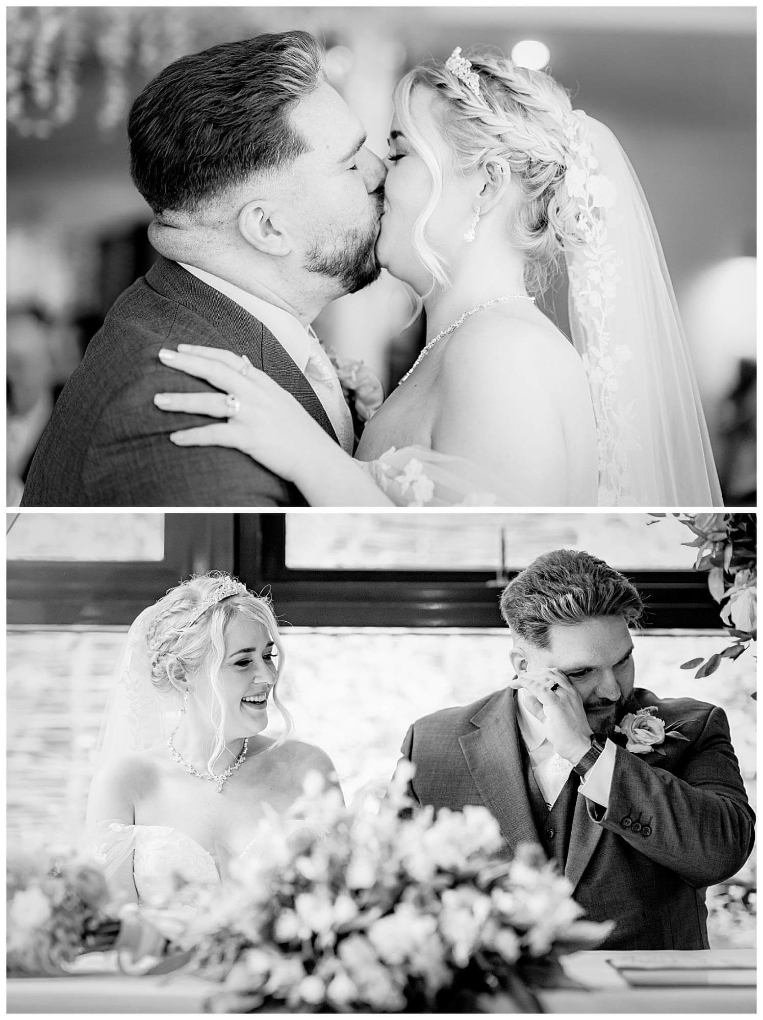 Bride and groom’s first kiss and register signing at Chevin Country Park Hotel & Spa.