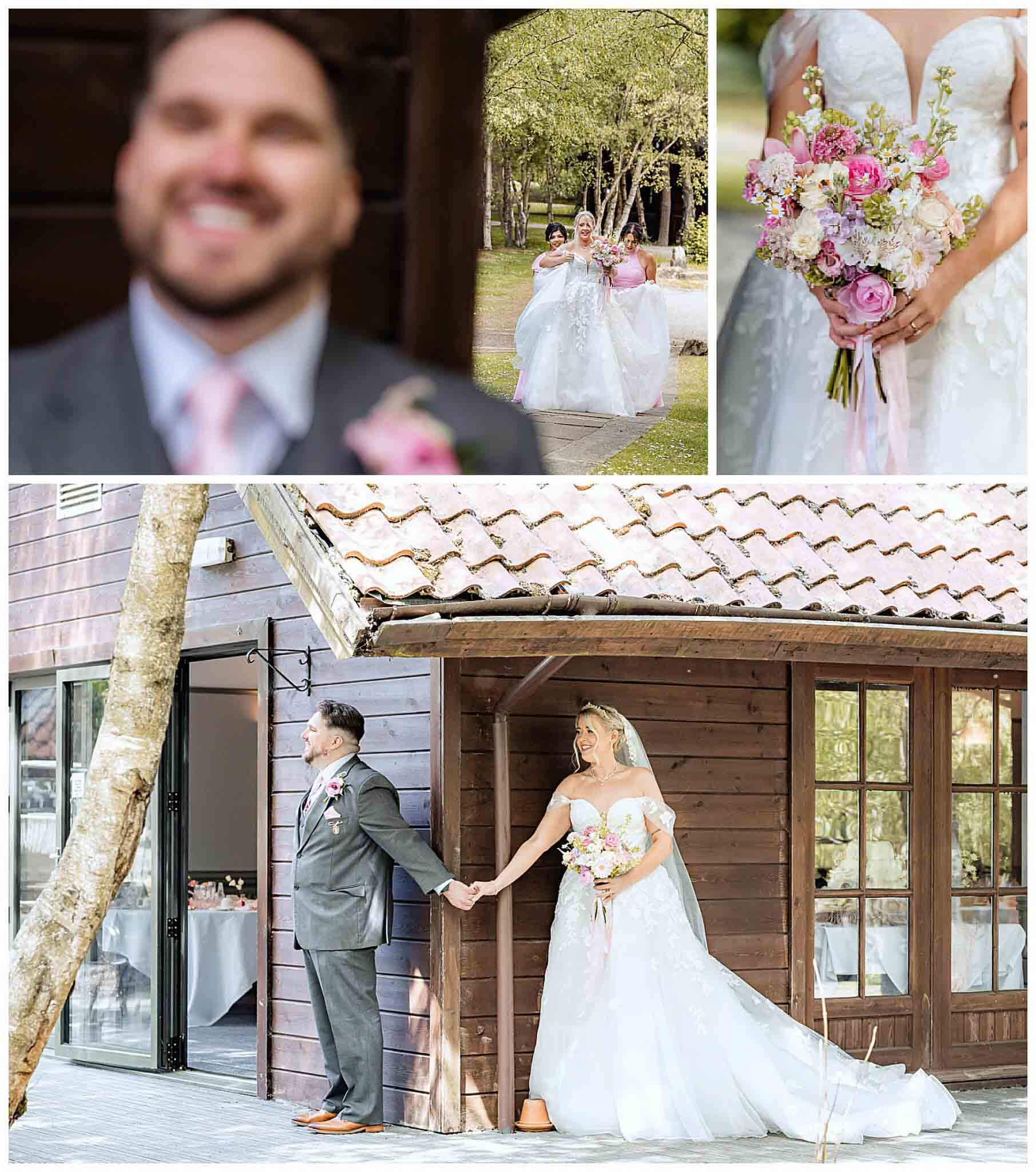 Bride and groom at Chevin Country Park Hotel & Spa sharing emotional first-look moments, holding hands around a cabin corner, and showing bridal bouquet details.