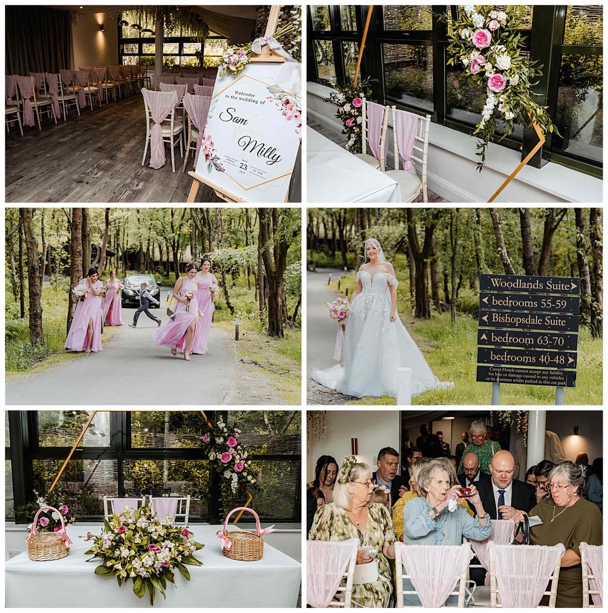 Groom smiling as the bride approaches with bridesmaids, close-up of bride’s bouquet, and the couple holding hands around a cabin corner before the ceremony.