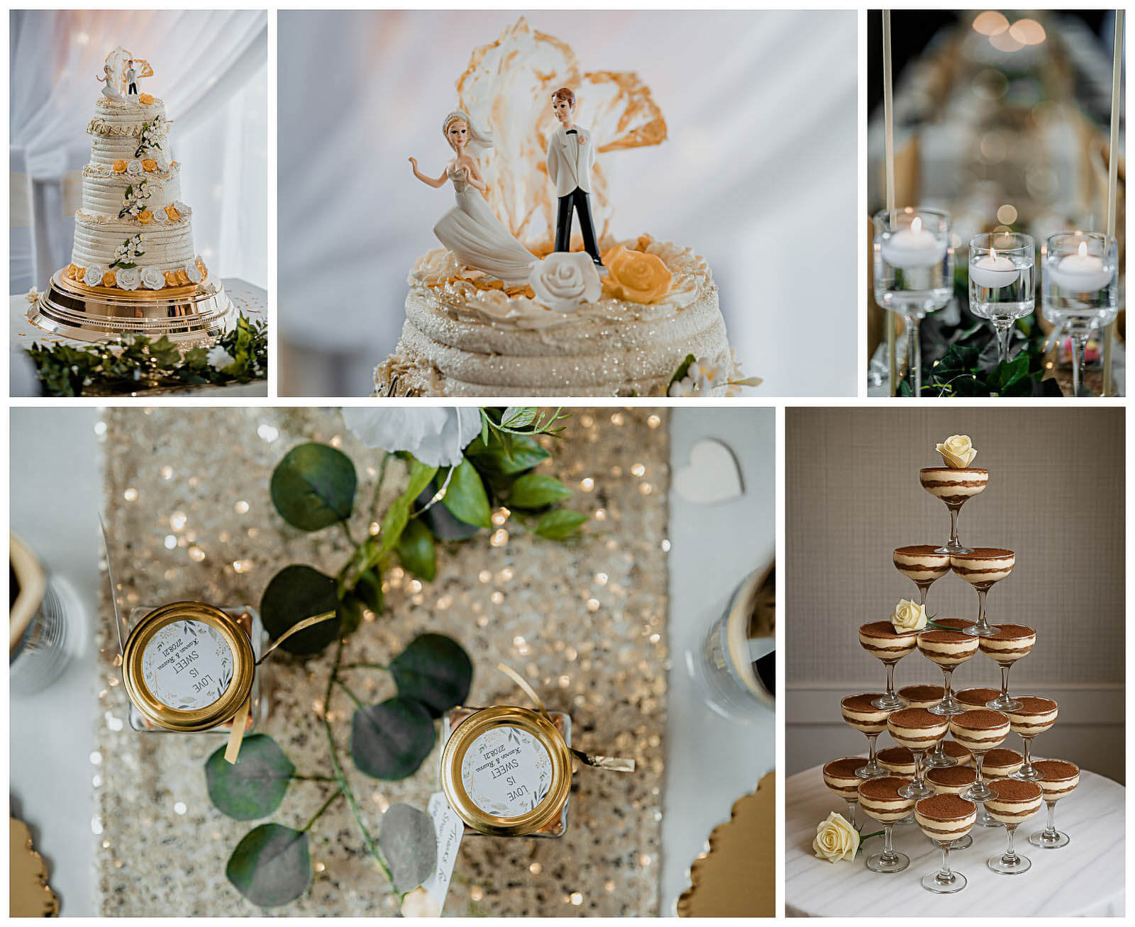Wedding dessert and cocktail towers with tiramisu, layered sweets and elegant glassware