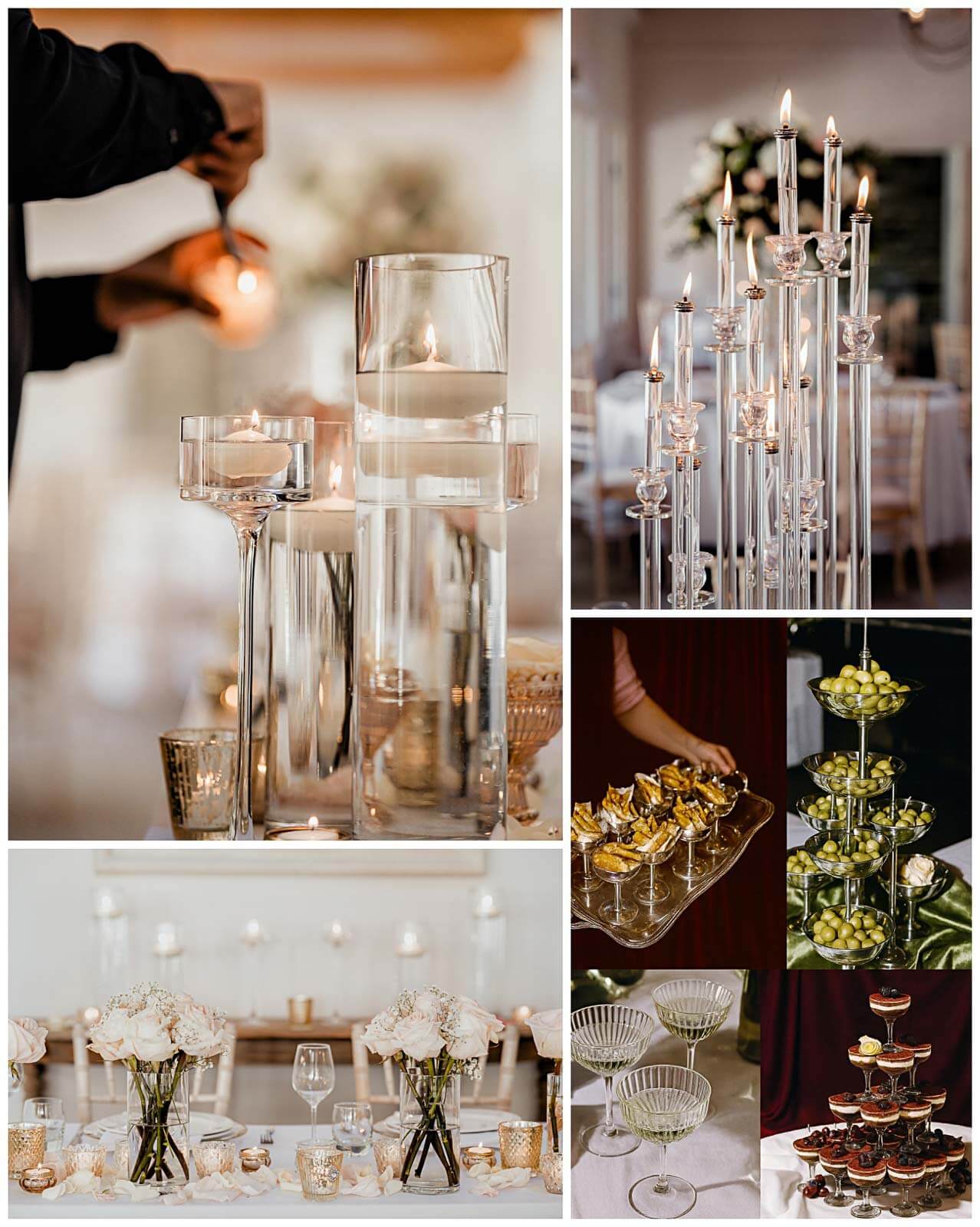 Silver coupe glasses and elegant feminine glassware styled on a wedding reception table