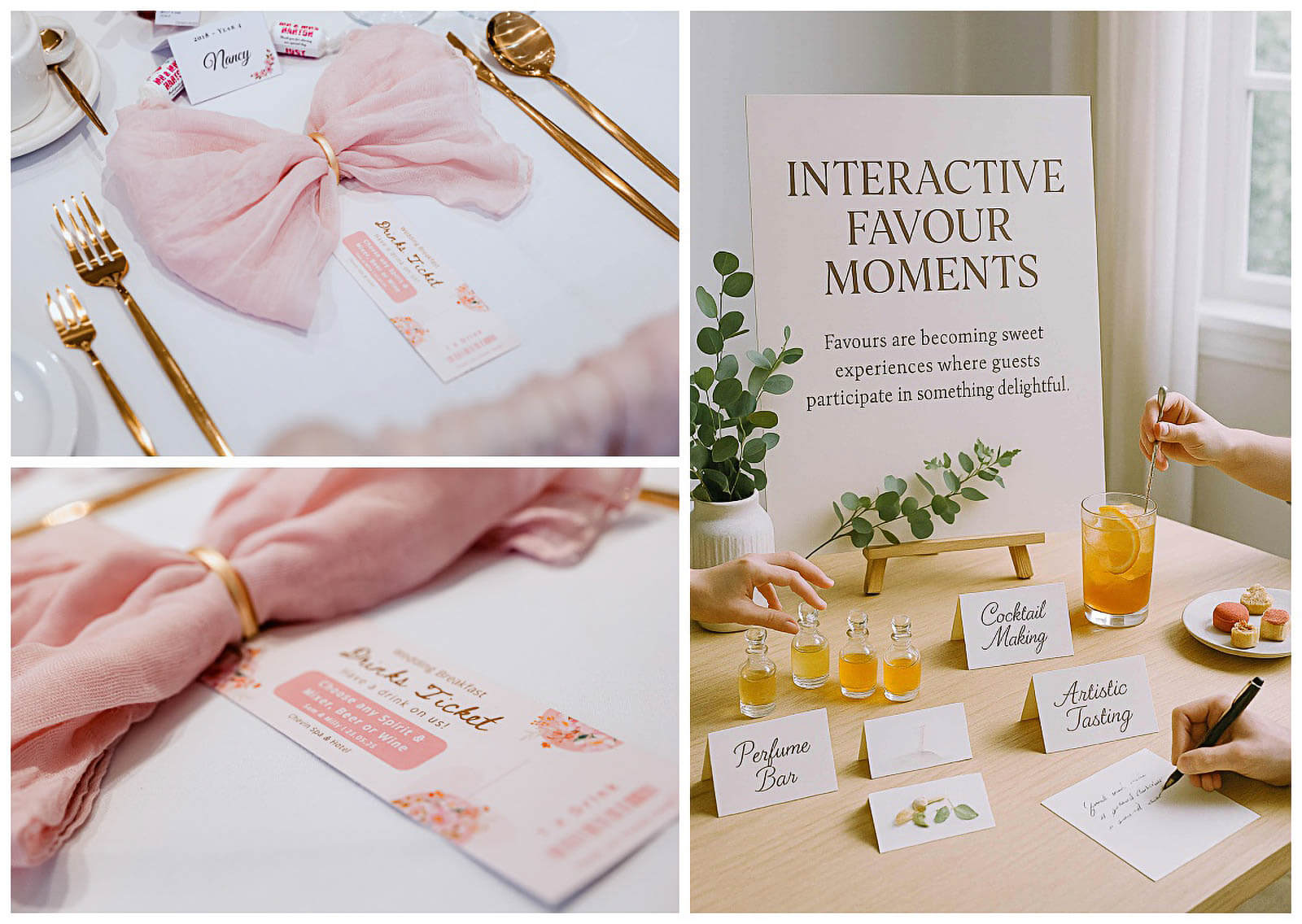 Interactive wedding favour table with perfume bar, cocktail making and handwritten notes