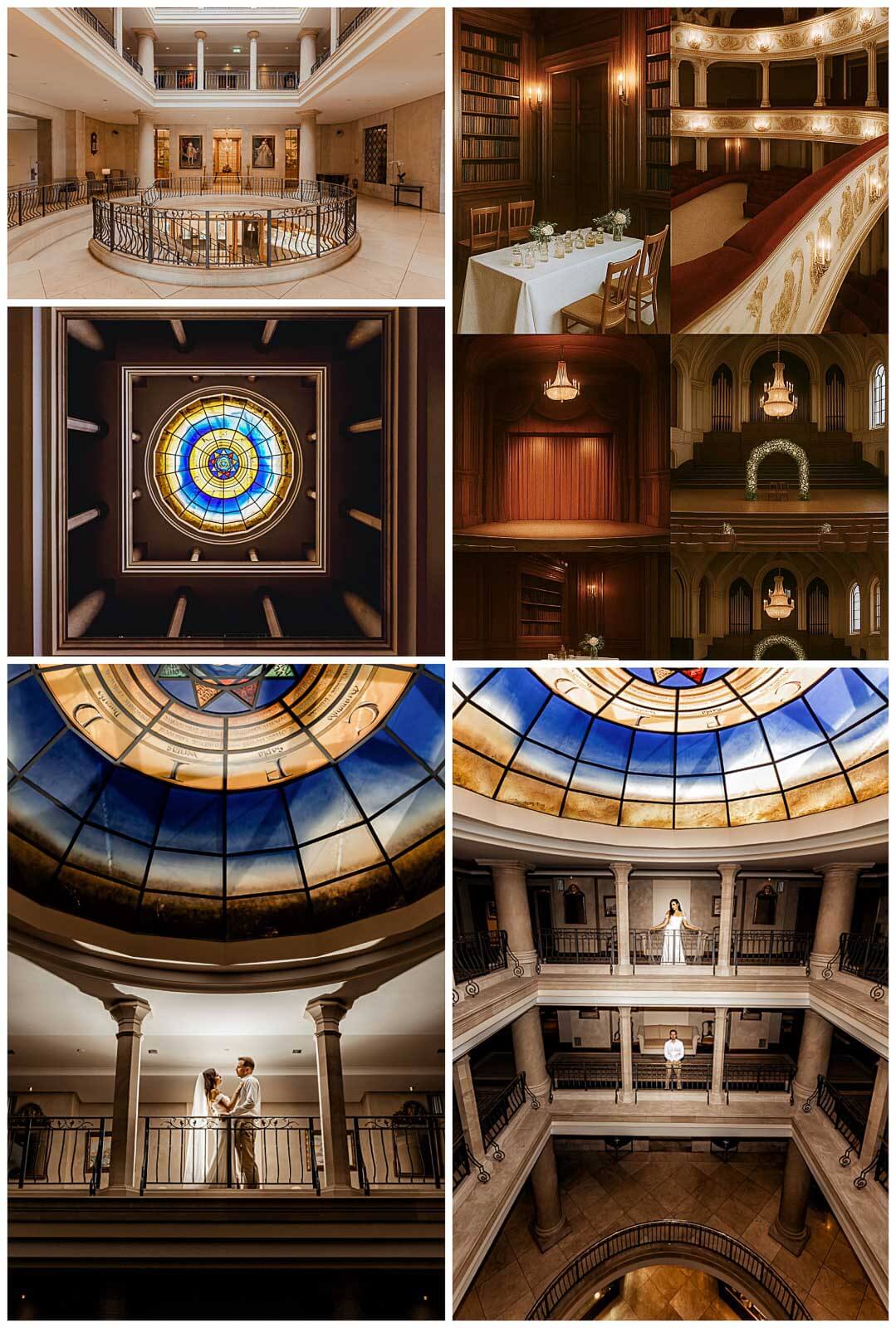 Architectural wedding venue with grand interior, library-style woodwork and theatre-inspired elegance for a 2026 wedding