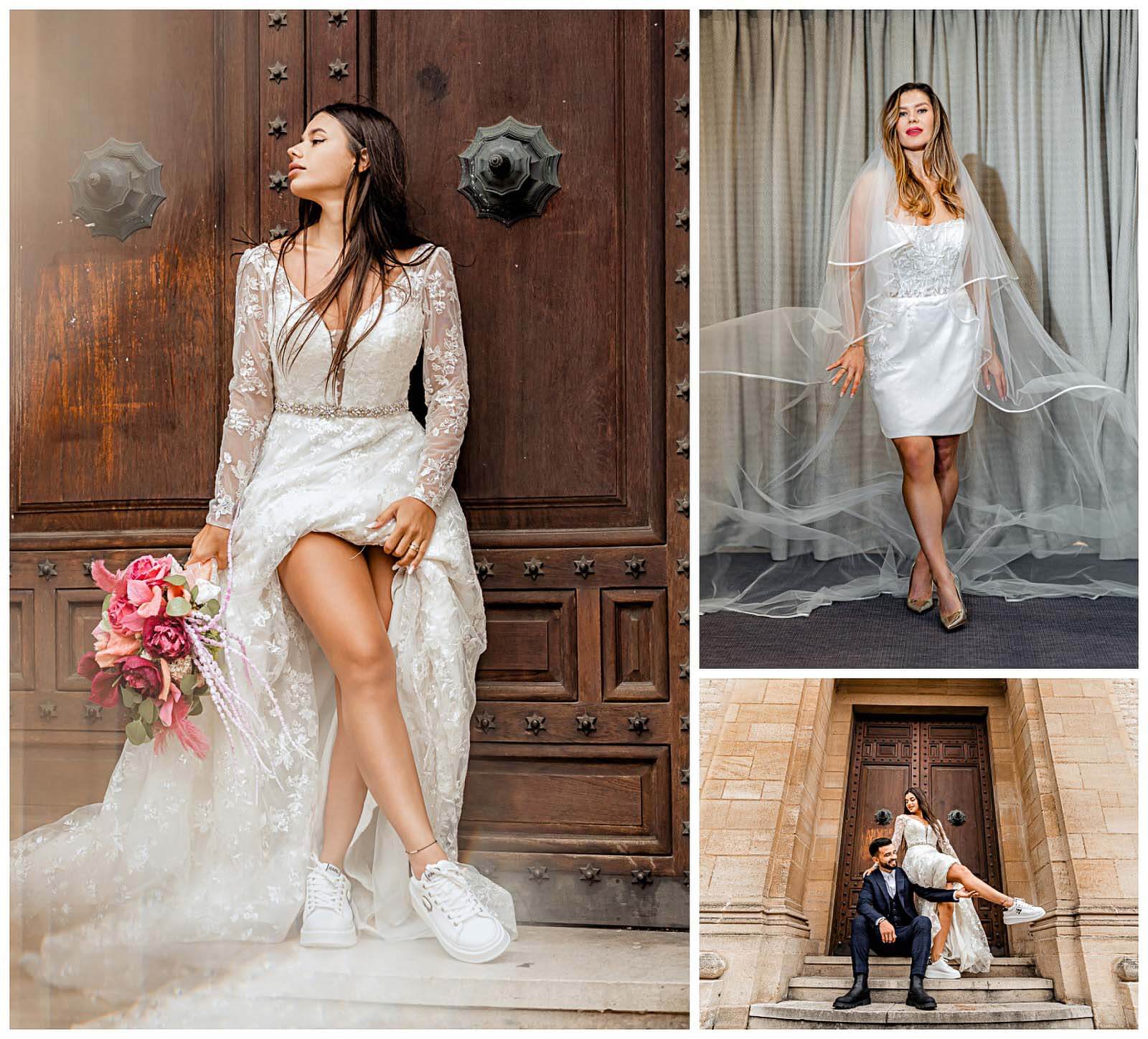Short wedding dress and second bridal look with modern feminine styling