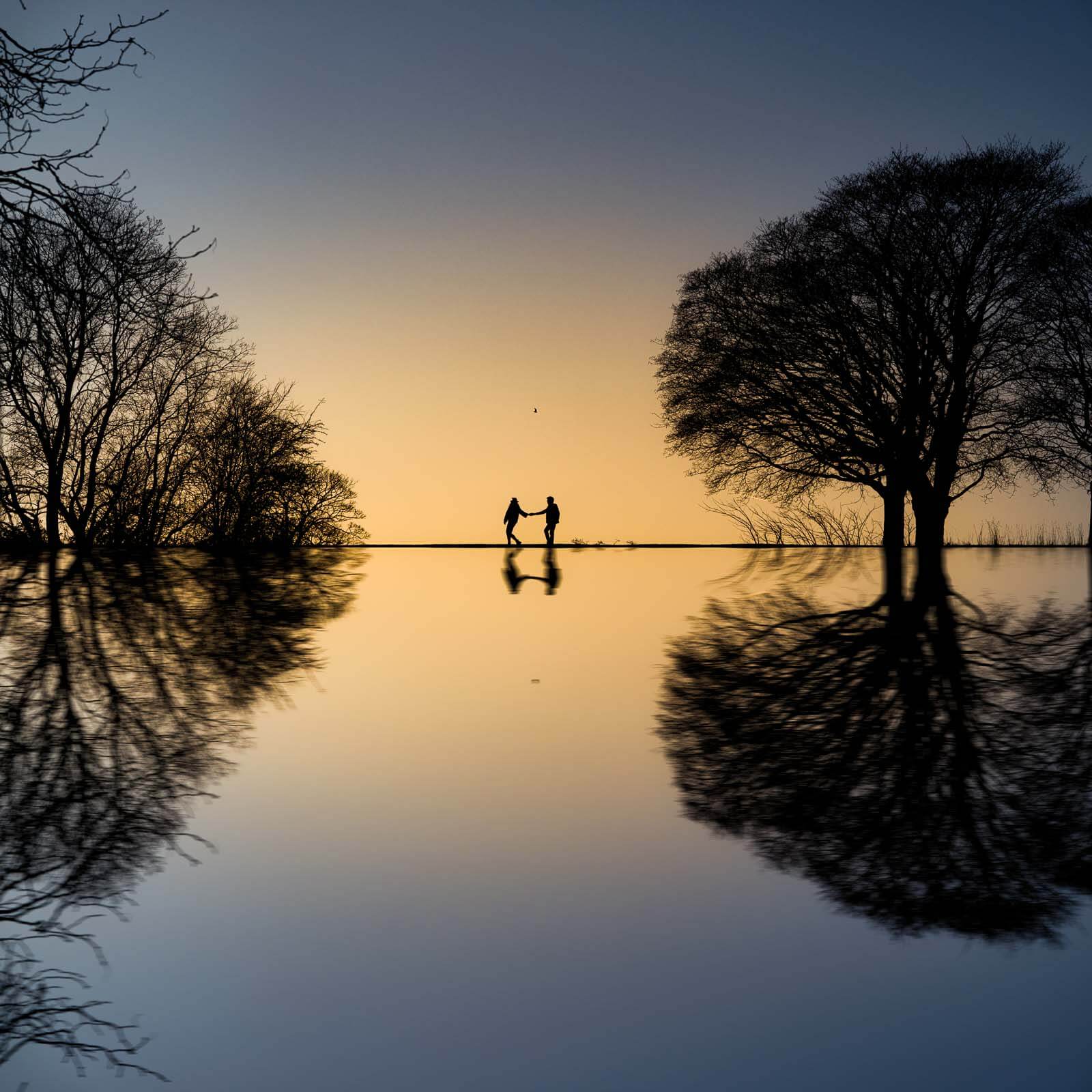 Silhouette of a couple holding hands reflected in water at sunset during a Roundhay Park pre wedding photoshoot