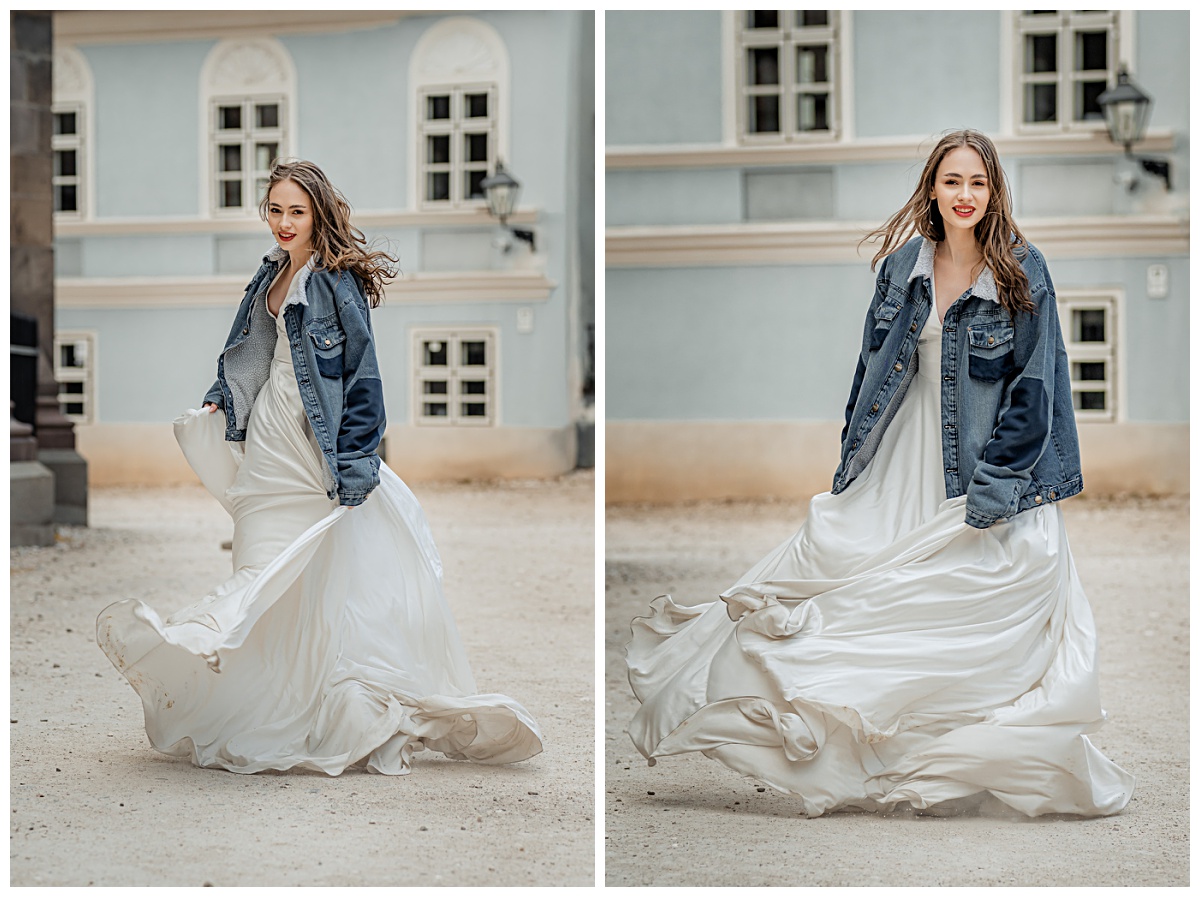 editorial wedding photography of modern bride walking with flowing gown and denim jacket