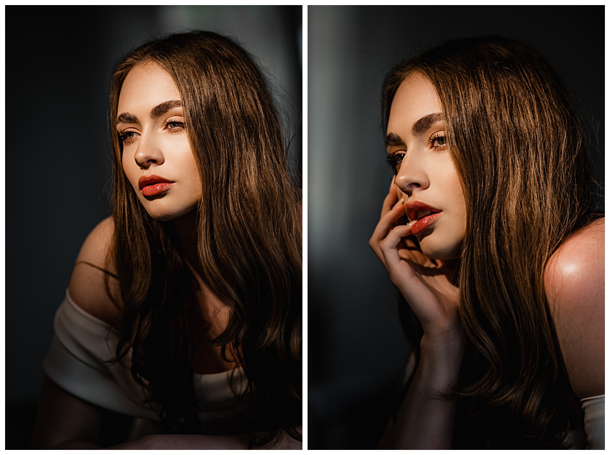 editorial bridal portrait with soft shadow lighting and natural expression
