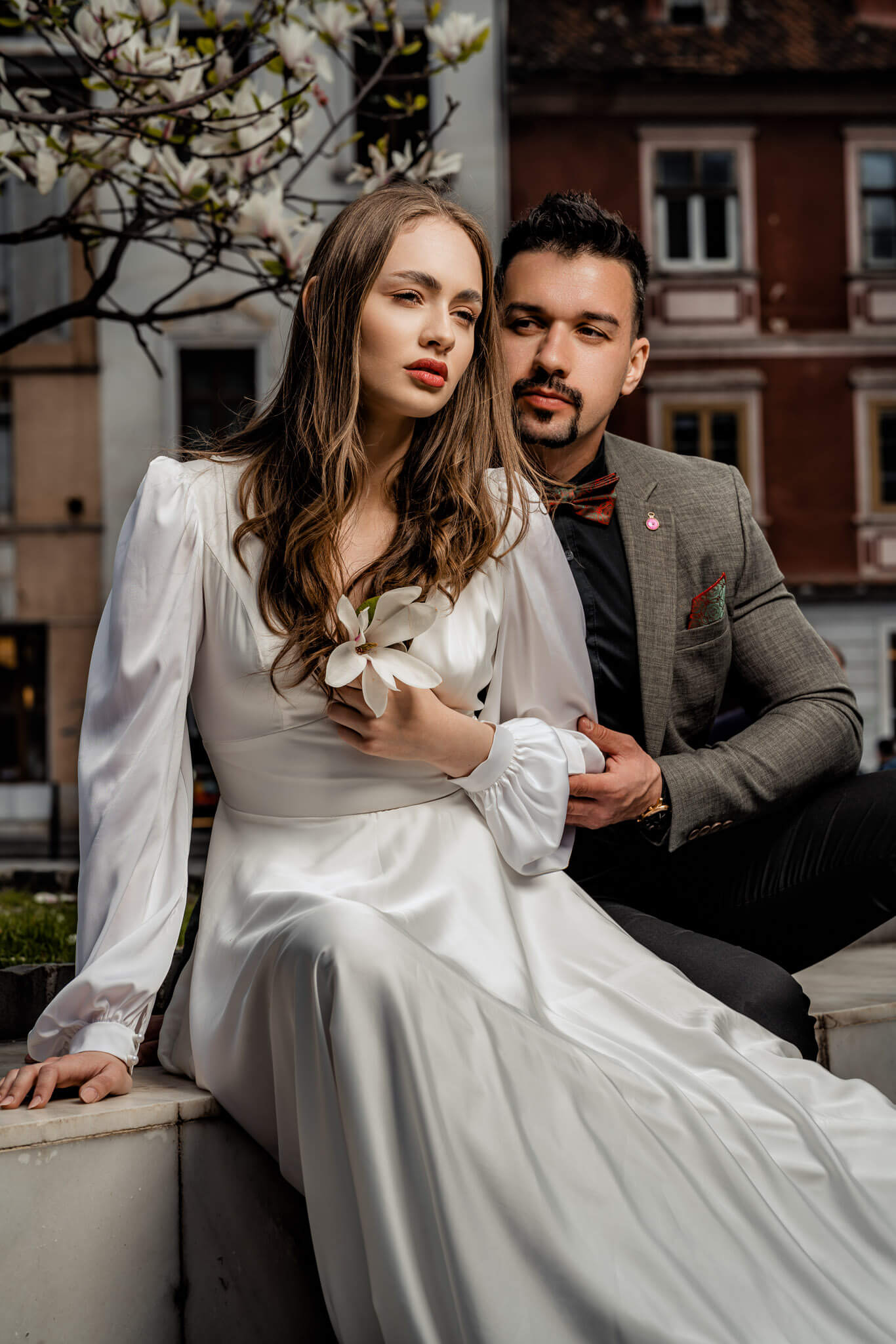 editorial bridal couple portrait with soft natural light and elegant styling