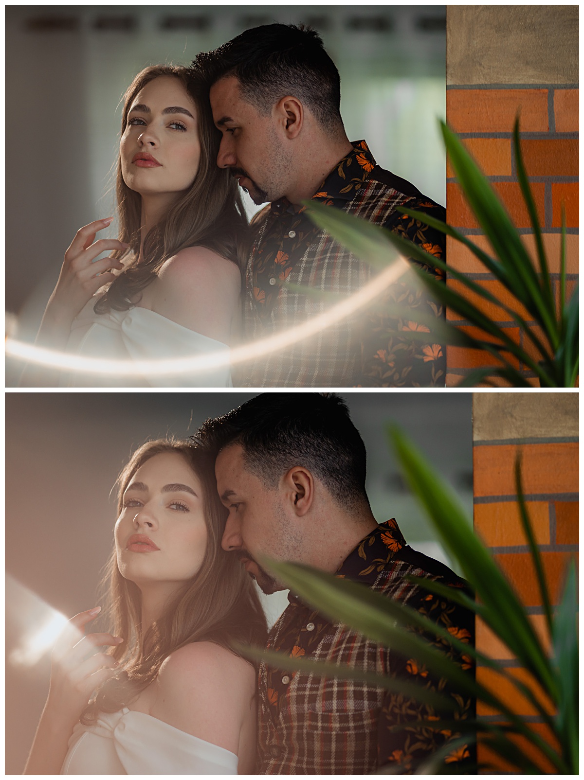 editorial wedding photography of couple with soft light flare and intimate pose