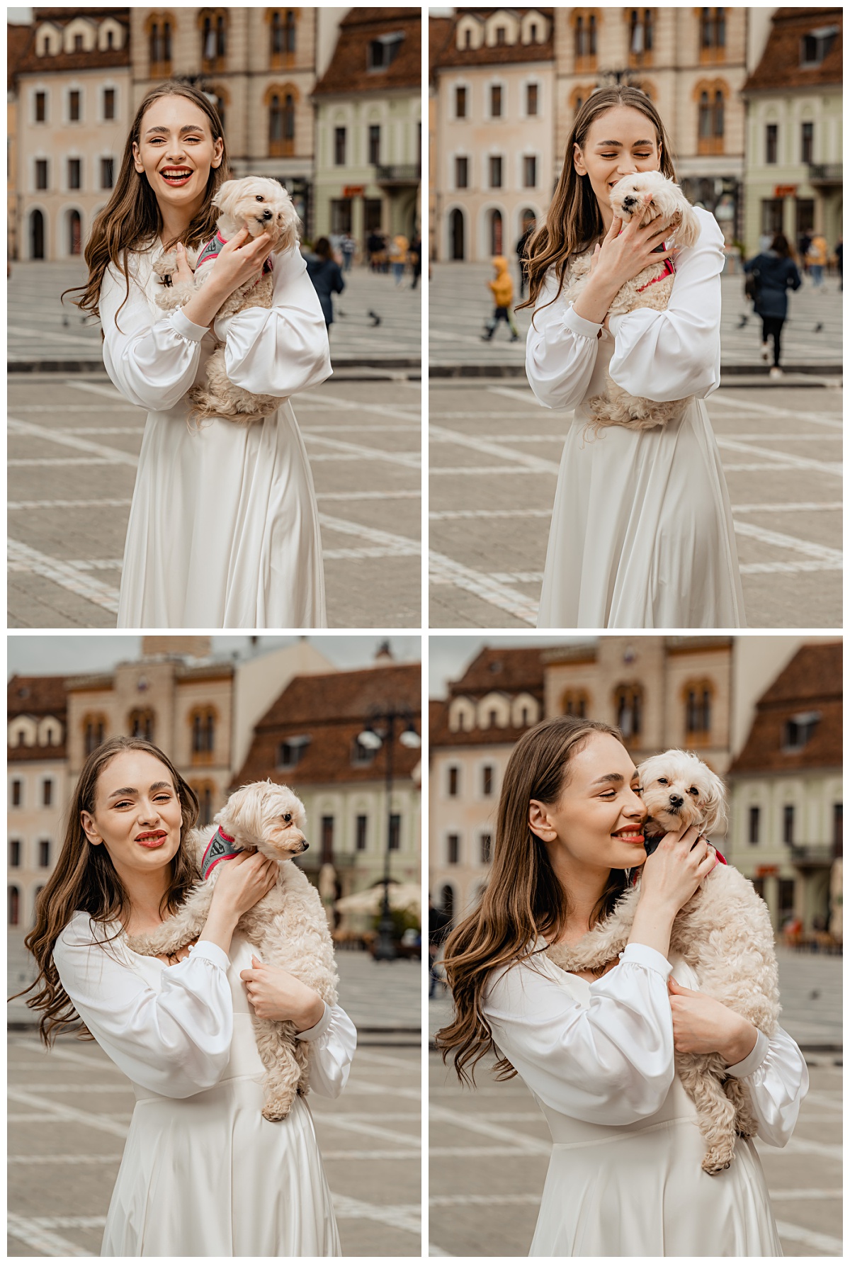modern bridal inspiration with bride holding small dog in outdoor city setting