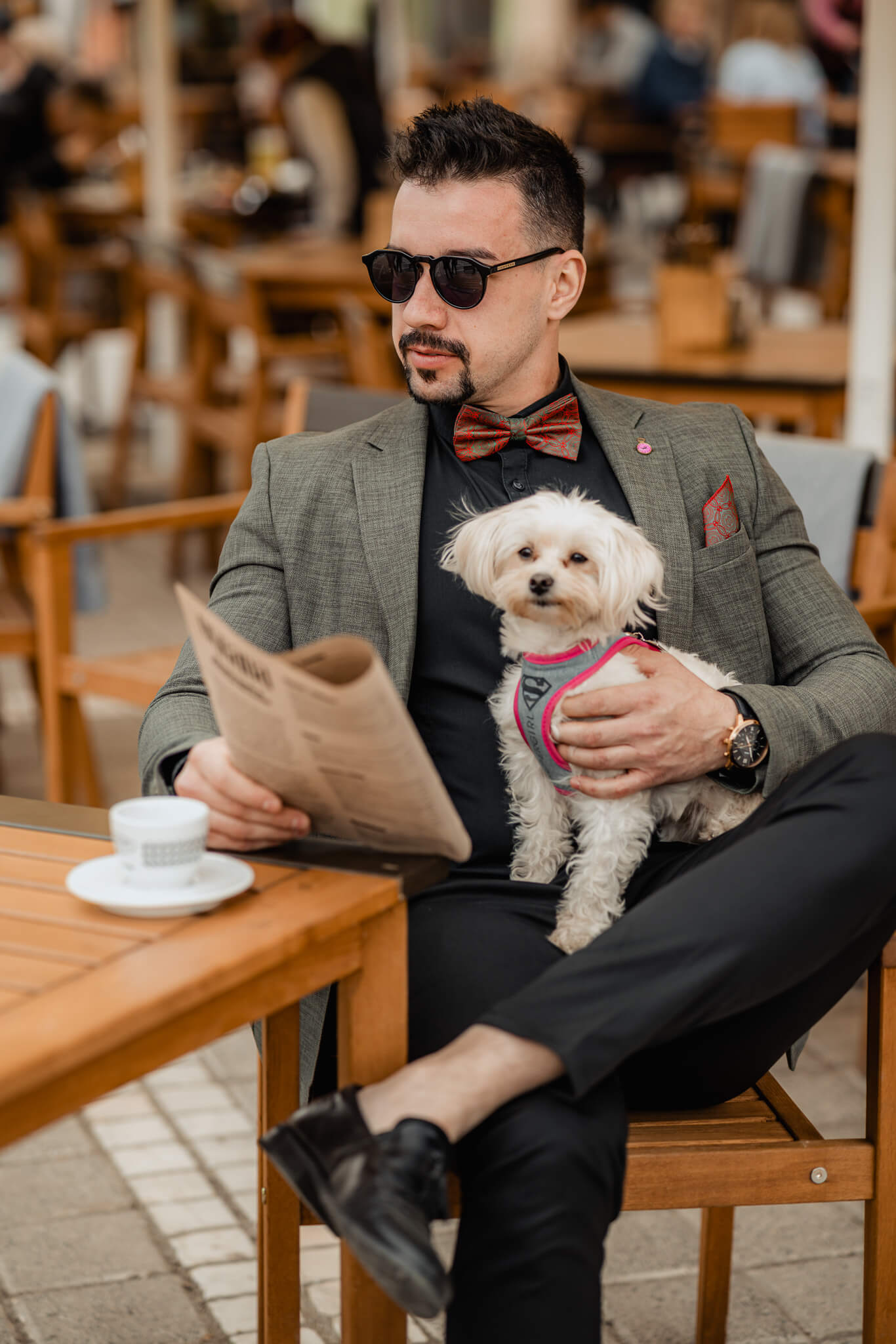 groom portrait with dog in modern editorial wedding photography setting