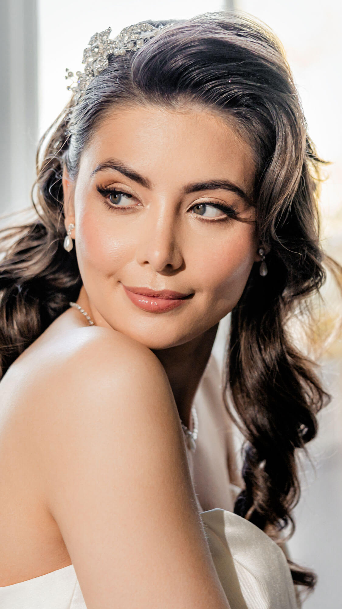 Elegant bridal beauty portrait with soft natural light