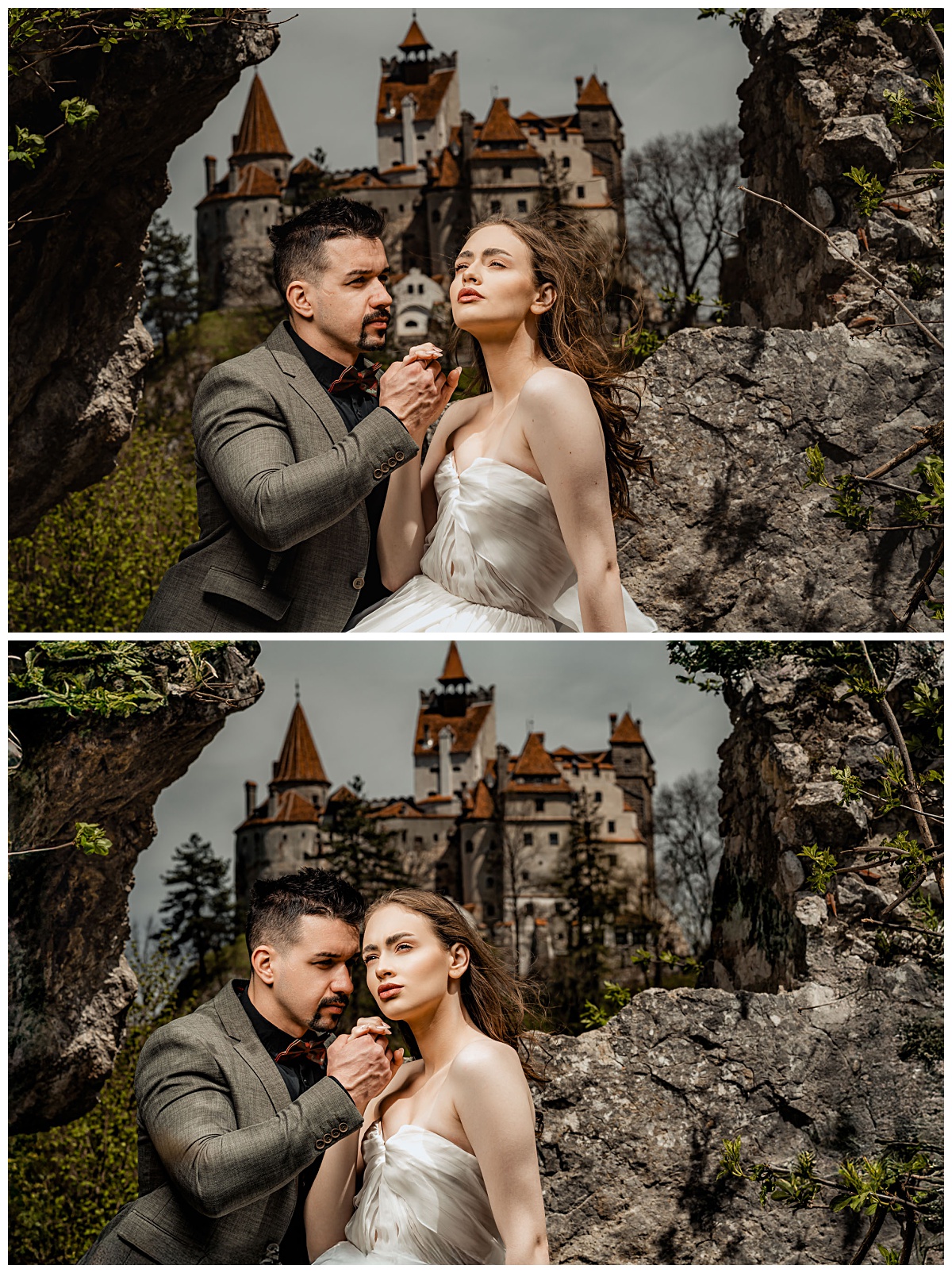Modern bridal inspiration editorial couple portraits with castle backdrop and dramatic composition