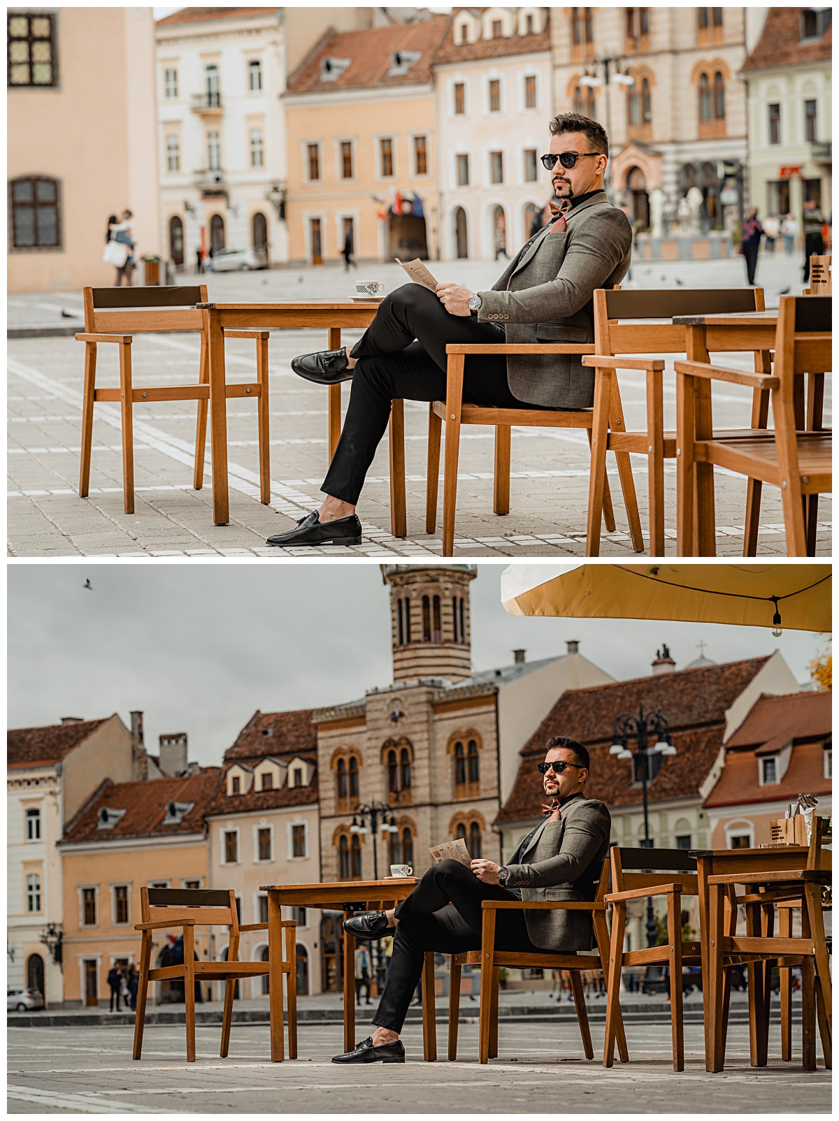 editorial wedding photography of groom sitting outdoors in city square with modern styling