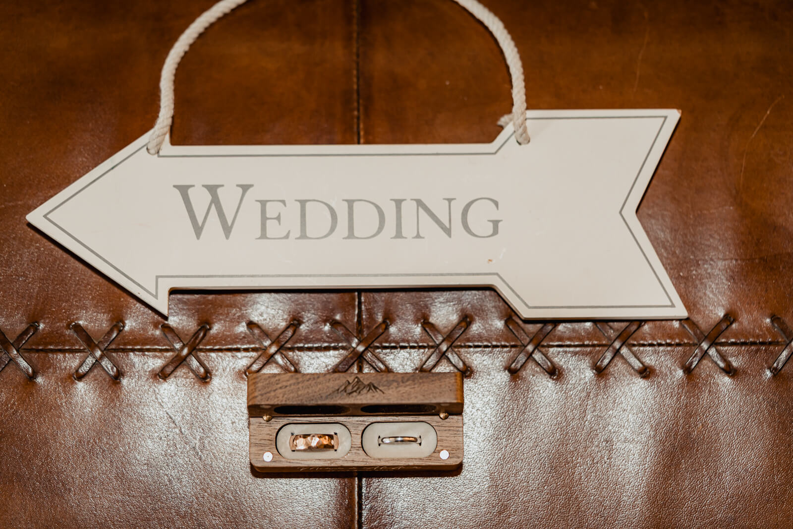 Wedding sign and wedding rings detail photographed at The Tithe Barn at Bolton Abbey