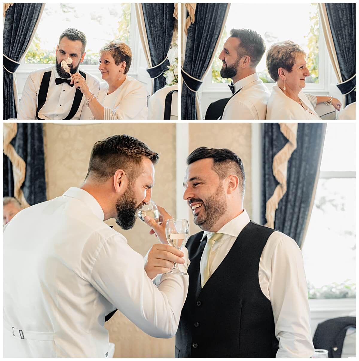 Waterton Park wedding photographer capturing groom preparation with friends and family in Wakefield Yorkshire