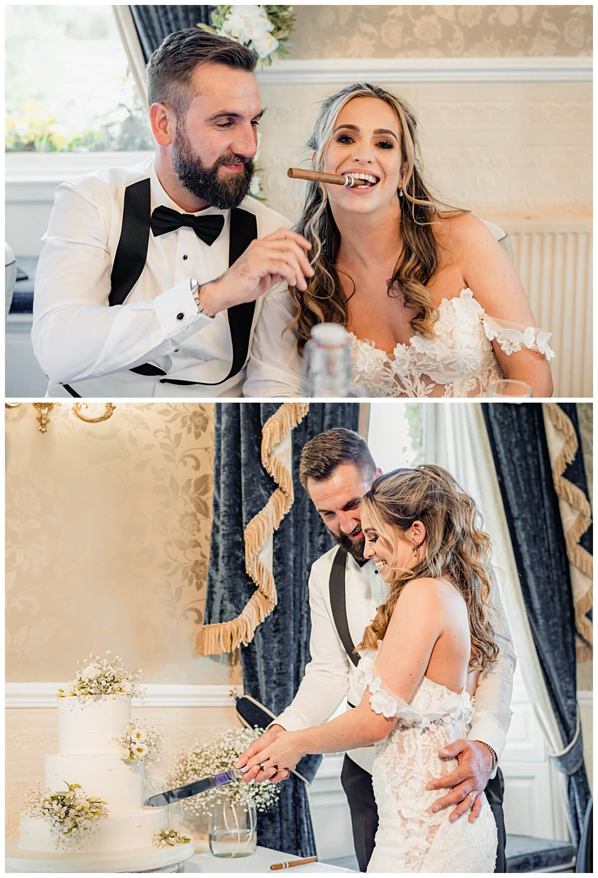 Bride and groom sharing fun candid moments during the reception
