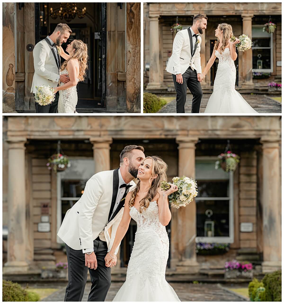 Playful couple portrait with flowing veil in the garden at Waterton Park Hotel in Wakefield Yorkshire