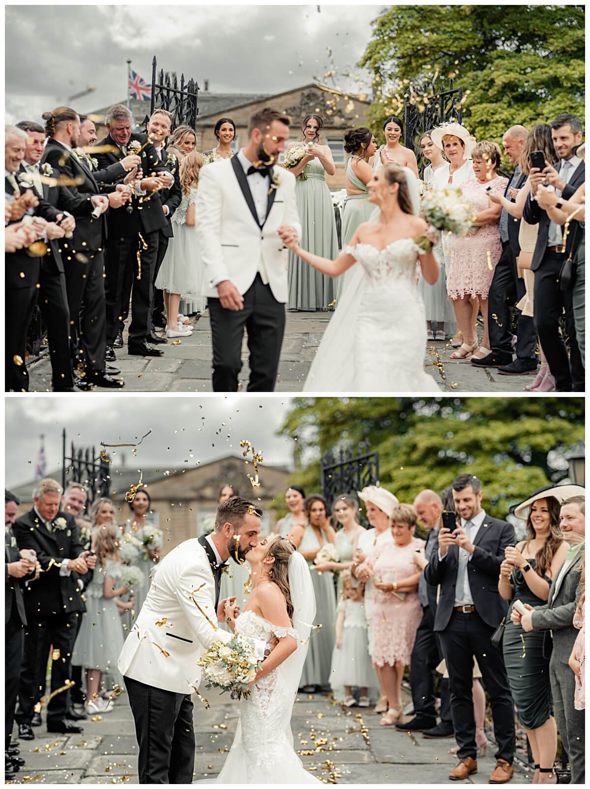 Confetti exit with guests celebrating the bride and groom at Waterton Park Hotel in Wakefield Yorkshire