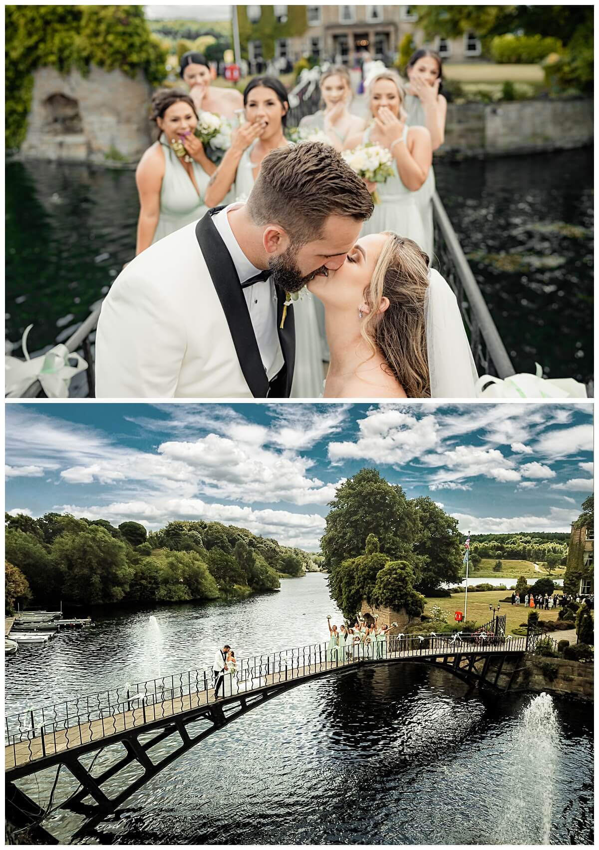 Bride and groom kissing on bridge with bridesmaids reacting at Waterton Park Hotel in Wakefield Yorkshire