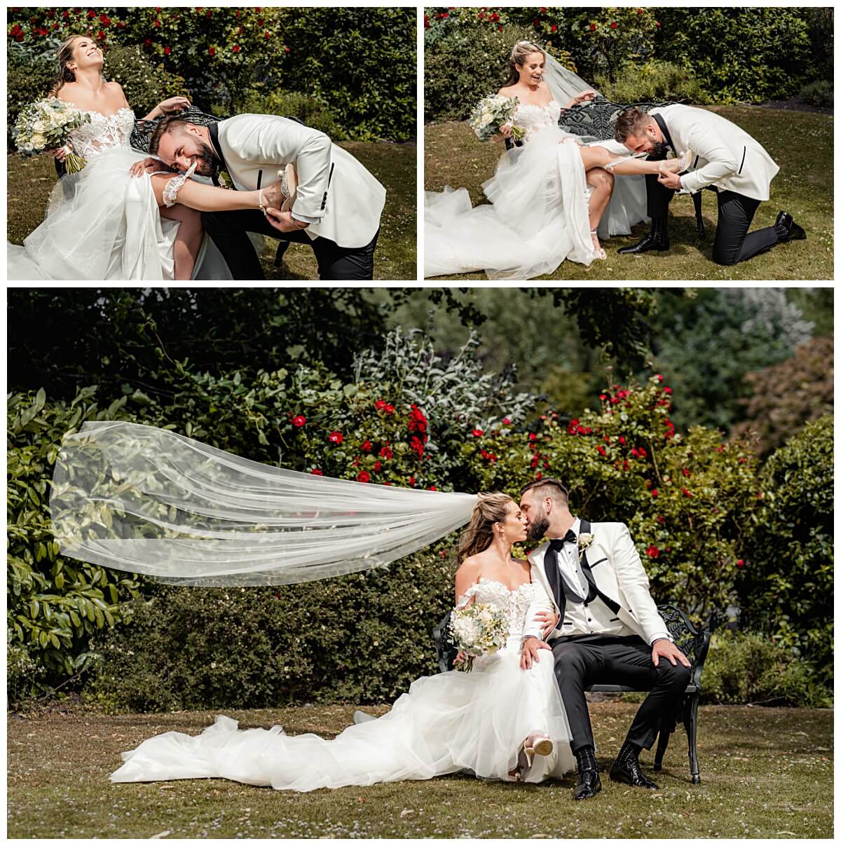 Playful couple portrait with flowing veil in the garden at Waterton Park Hotel in Wakefield Yorkshire