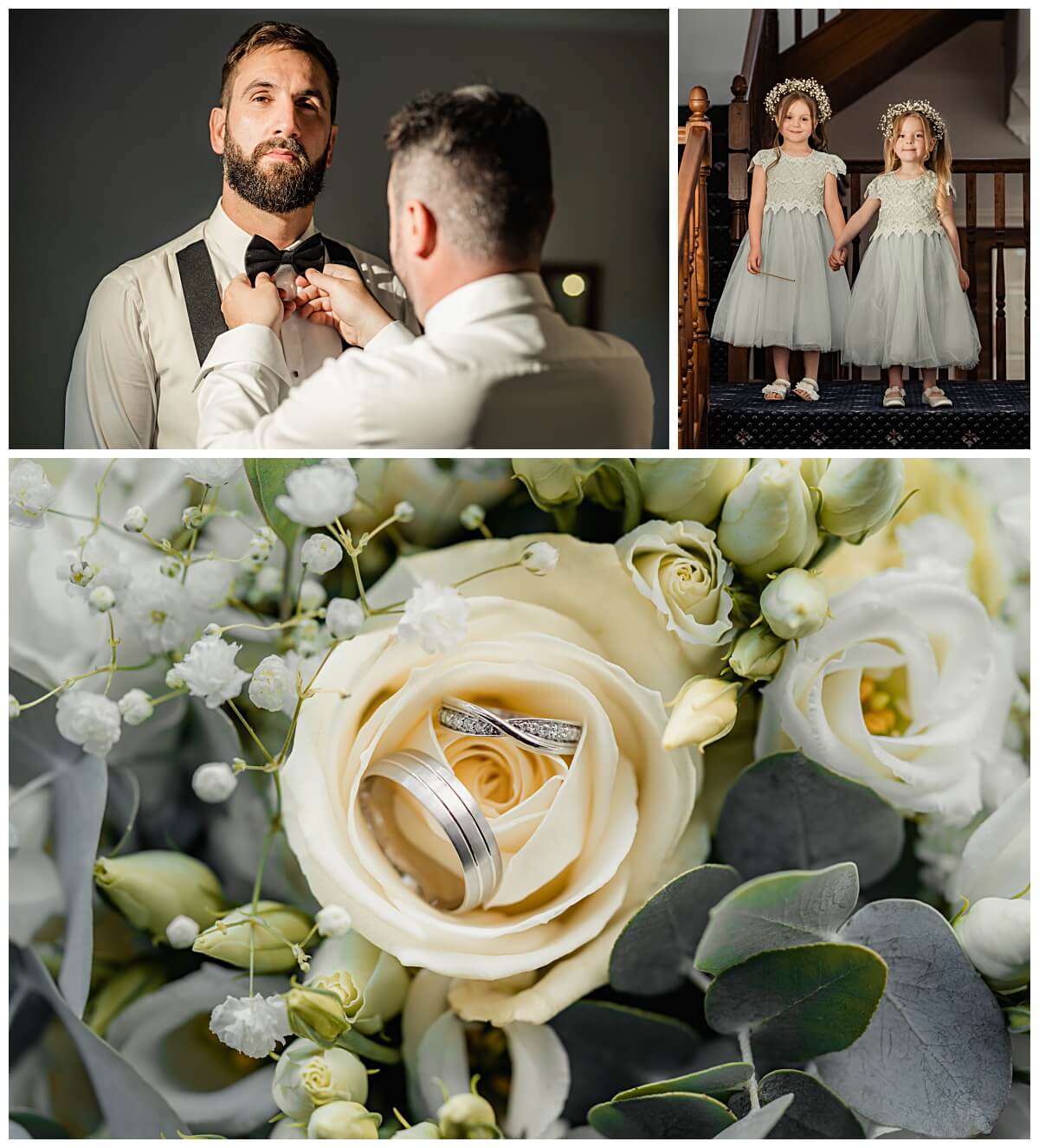 room getting ready with flower girls and wedding ring details